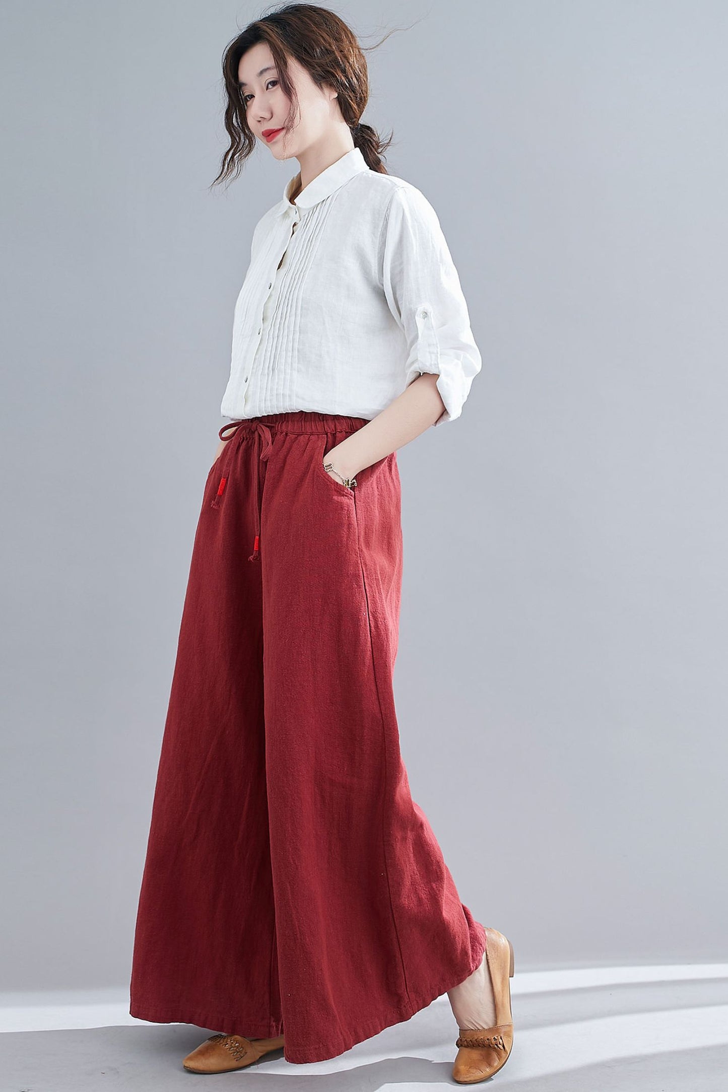Red Elastic Waist High Waist Linen Pants C1865