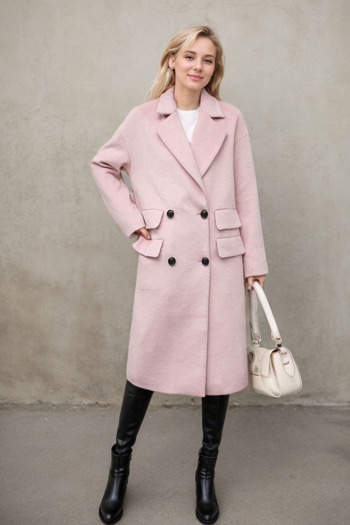 Long pink winter wool coat C4371