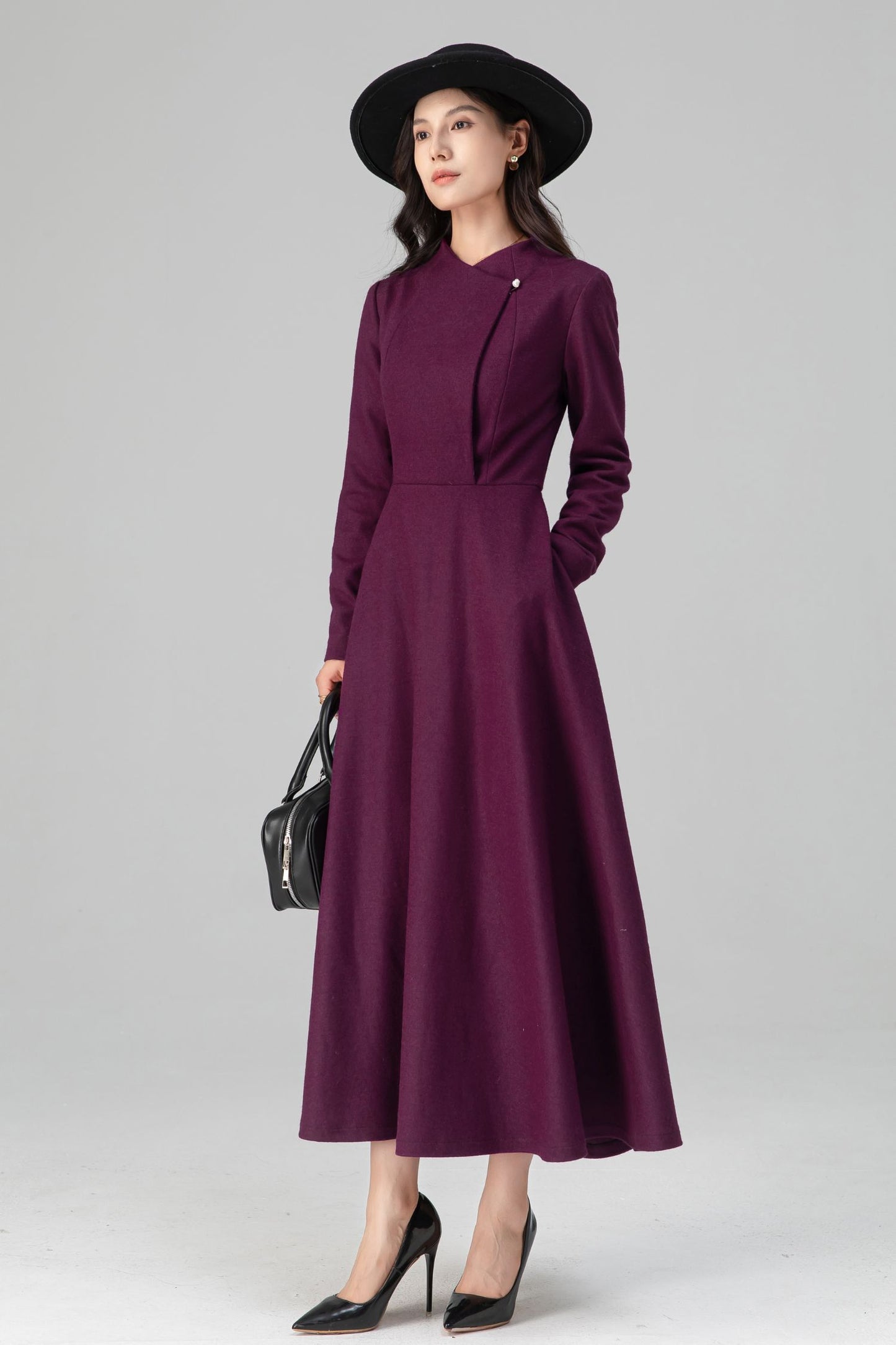 Winter Deep Purple Long Swing Wool Dress Women C5207
