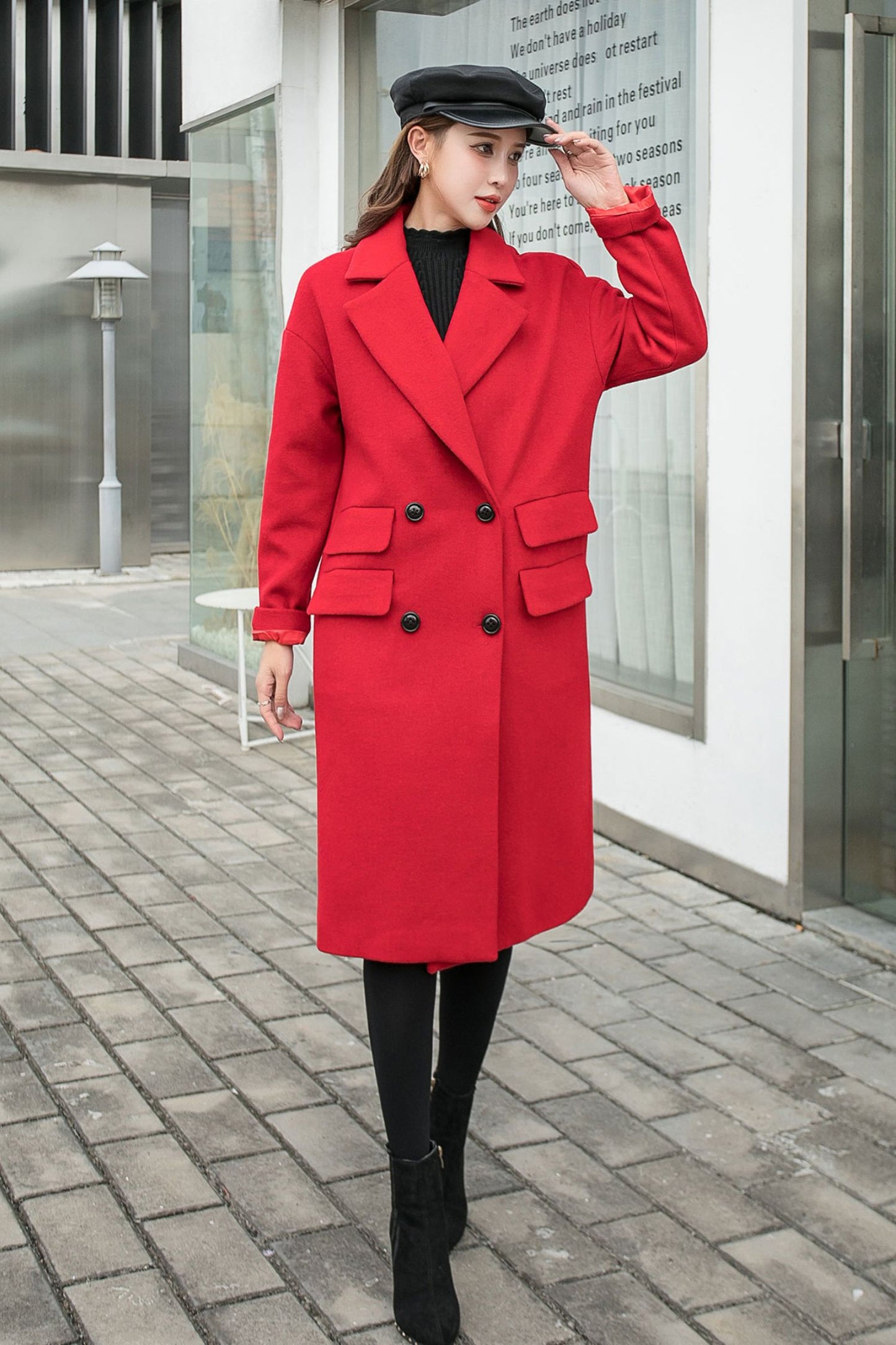 Wool Trench Red Coat Women C2569