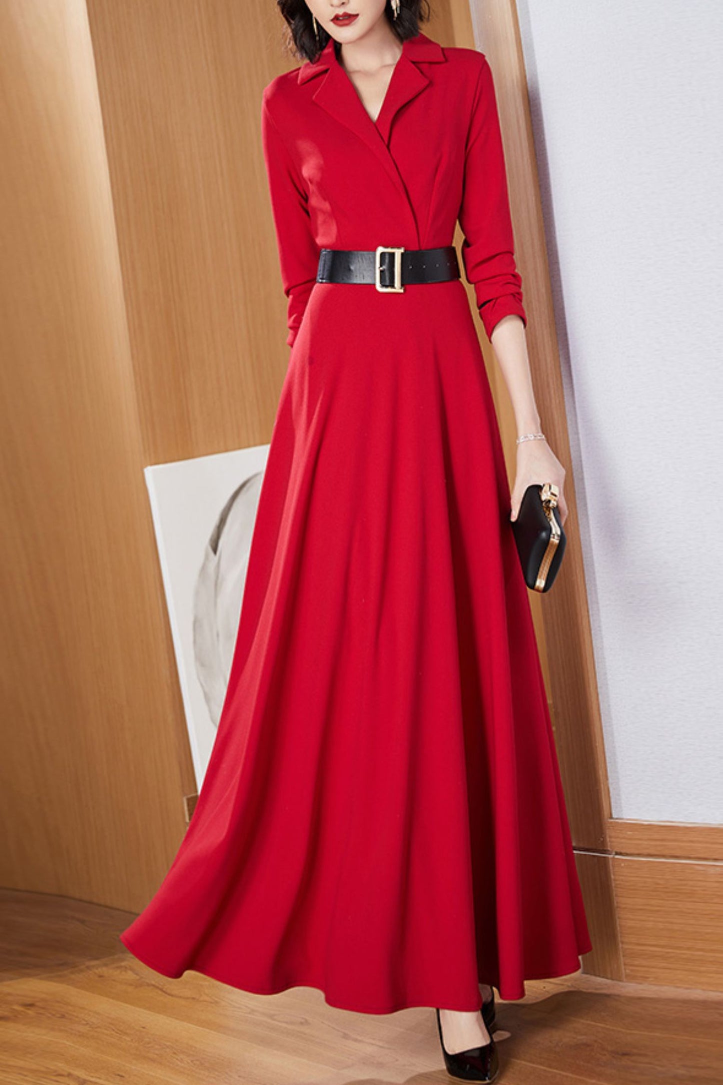 Red long-sleeved suit collar long dress C4177