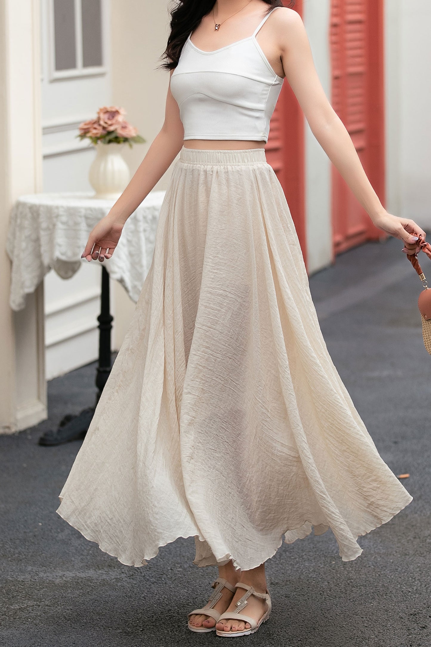 A line beige long linen skirt women C5033