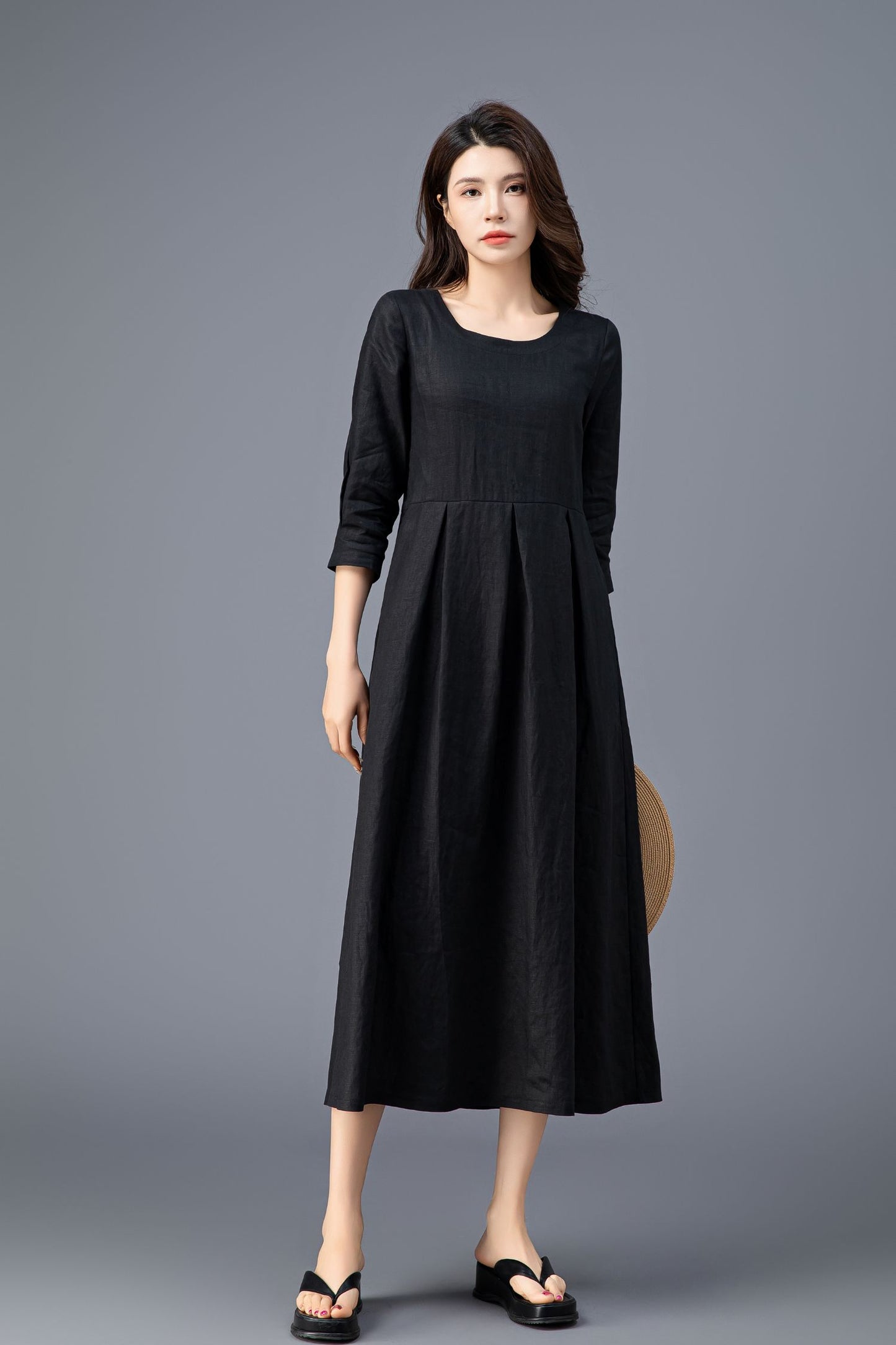 Women's Casual Belted  Black Linen Dress C3911