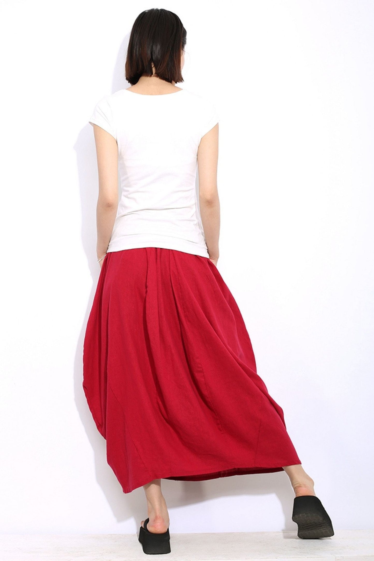 elastic waist red linen maxi skirt C329