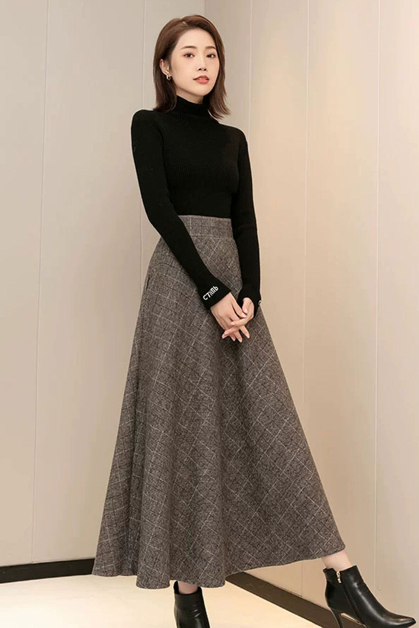 Plaid Wool A Line Skirt C3607