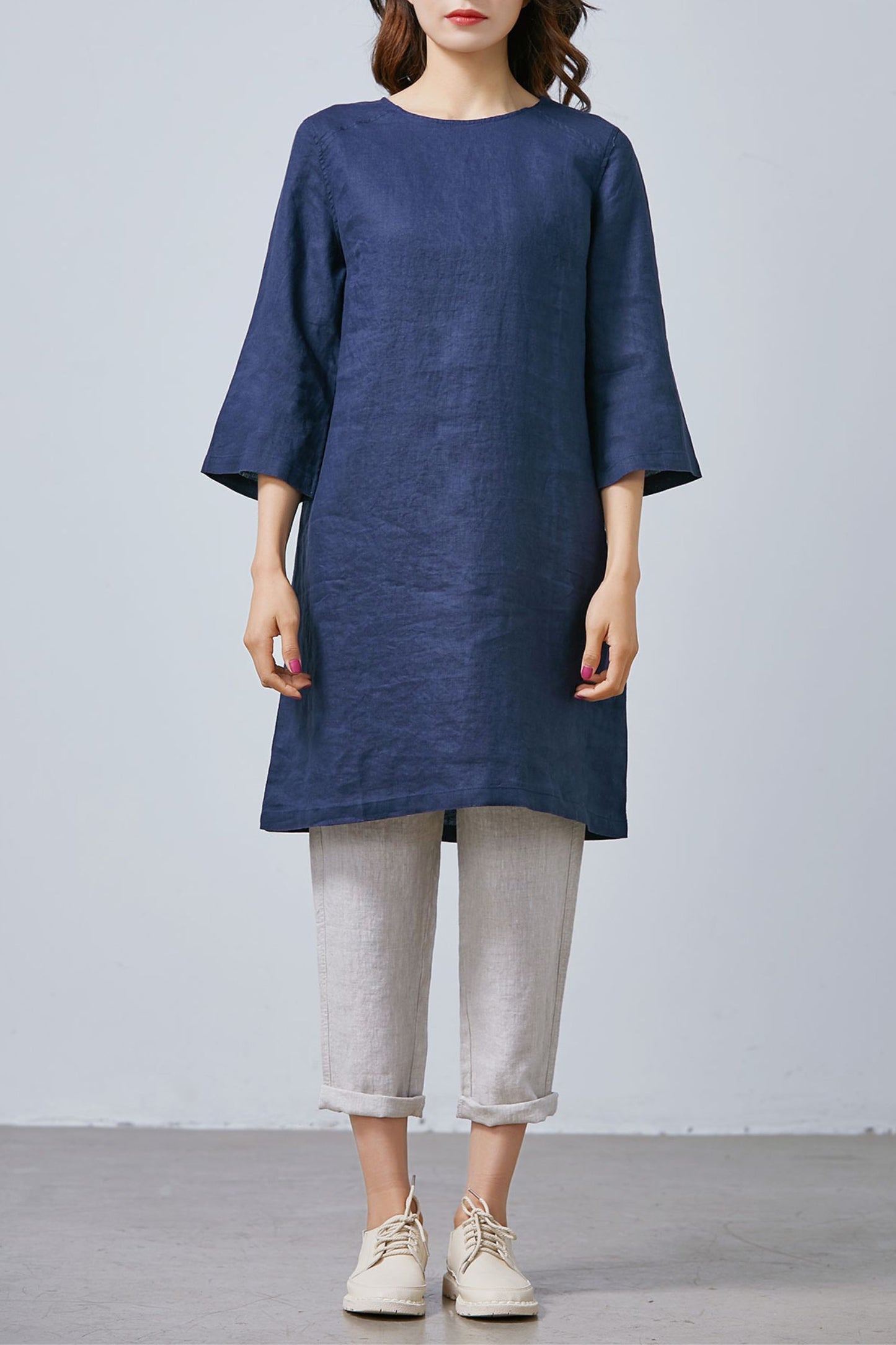 Navy Blue Simple Linen dress C1673