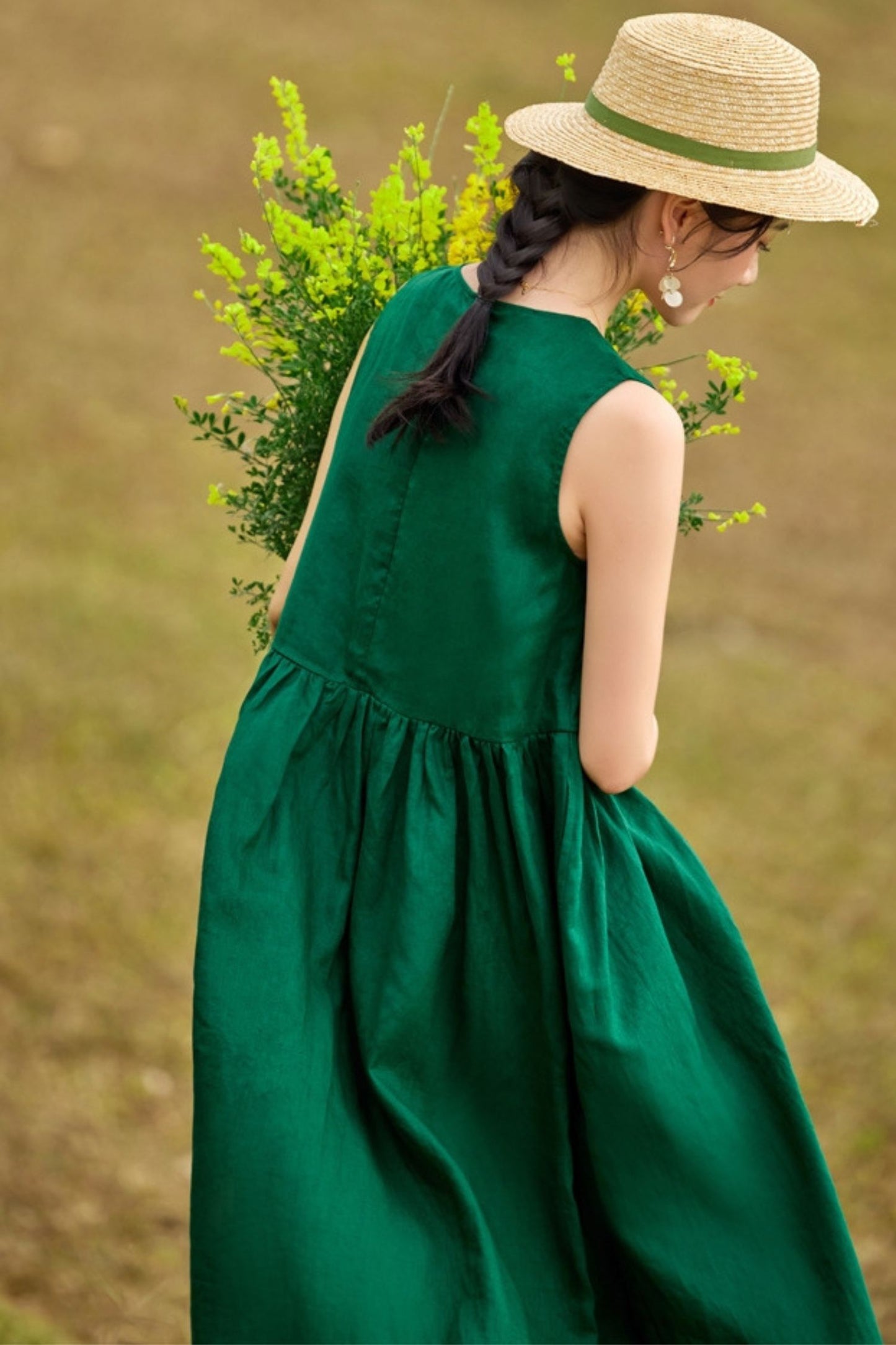 Cotton and linen  green loose sleeveless dress TT0029