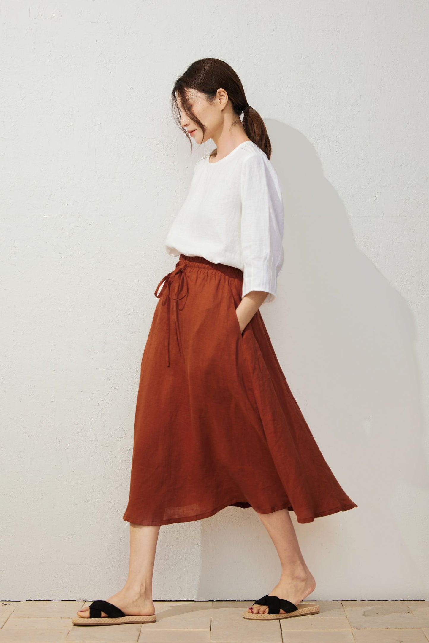 Elegant Orange Elastic Waist Skirt C3932