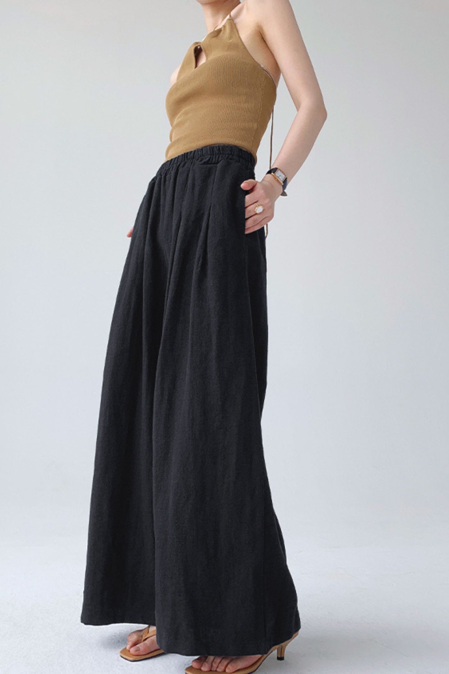 Elastic waist wide leg linen pants L0606