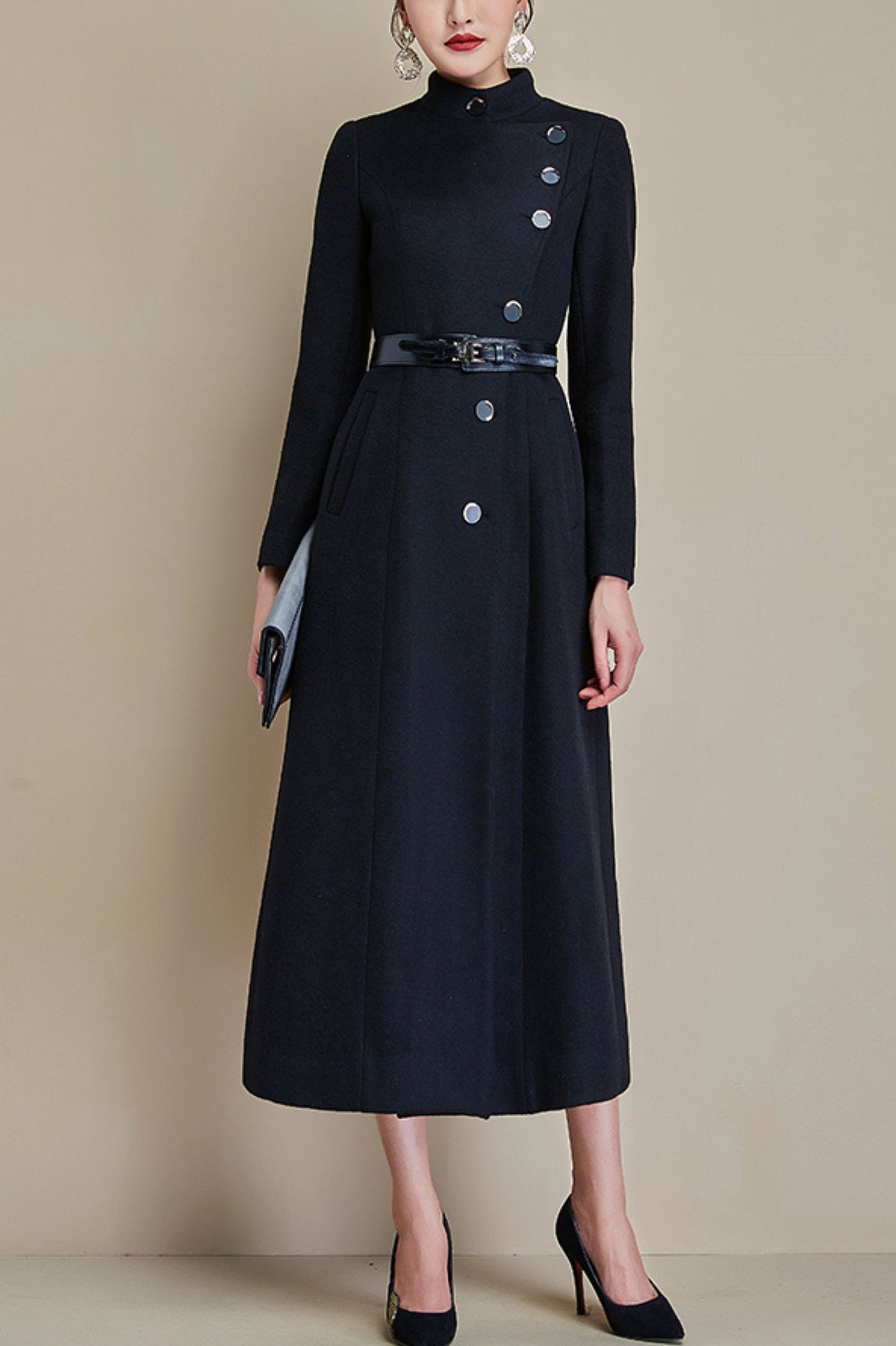 Women's Autumn and winter black wool coat C4285