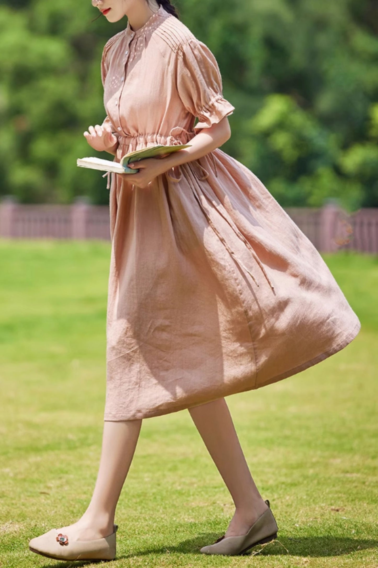 Pink drawstring waist summer linen dress C5059