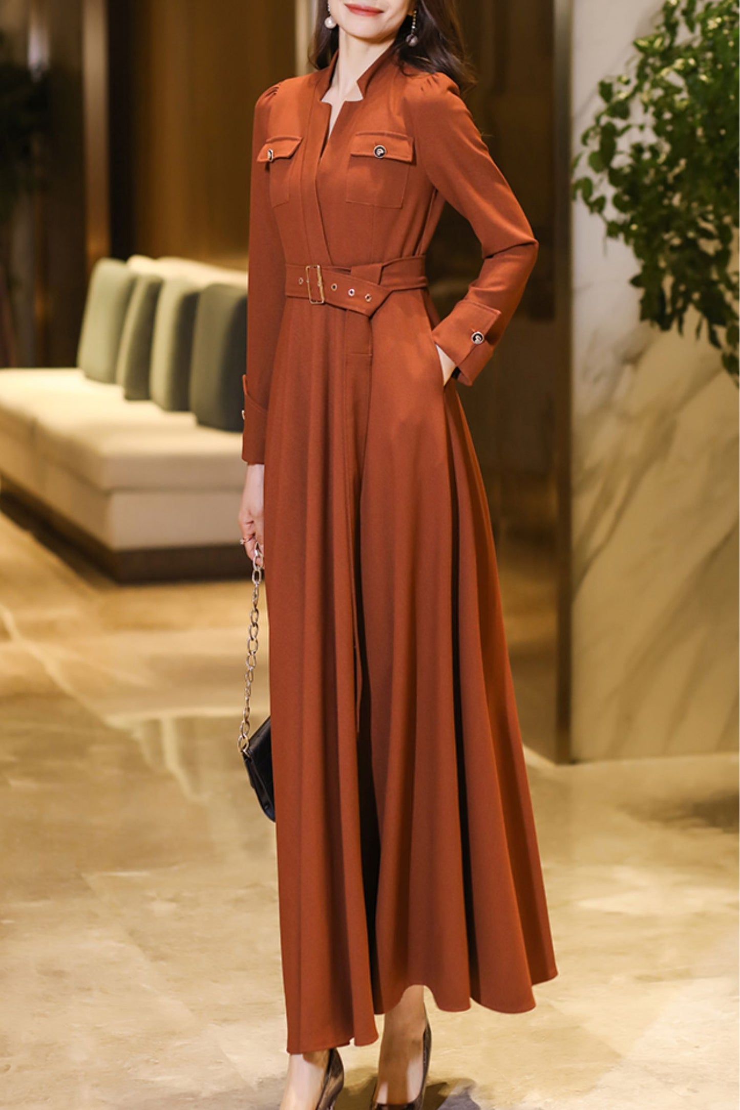 Orange women's v- neck long sleeved dress C4189