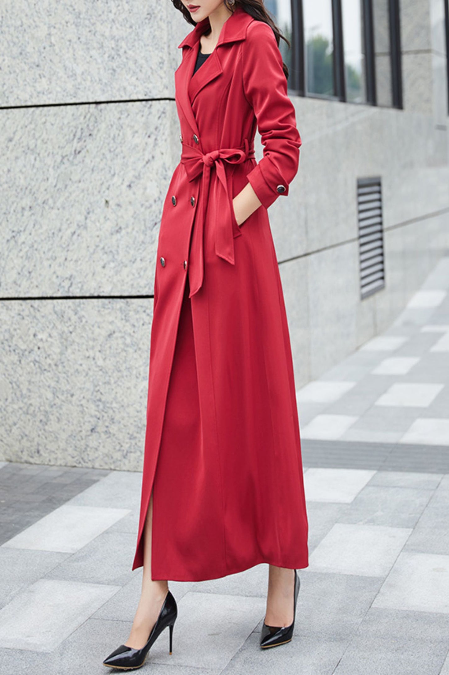 Burgundy women spring and autumn trench coat C4198