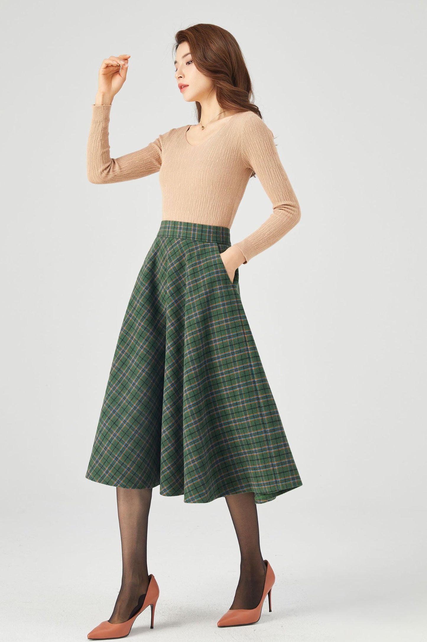 Winter Plaid Midi Wool Skirt C3686
