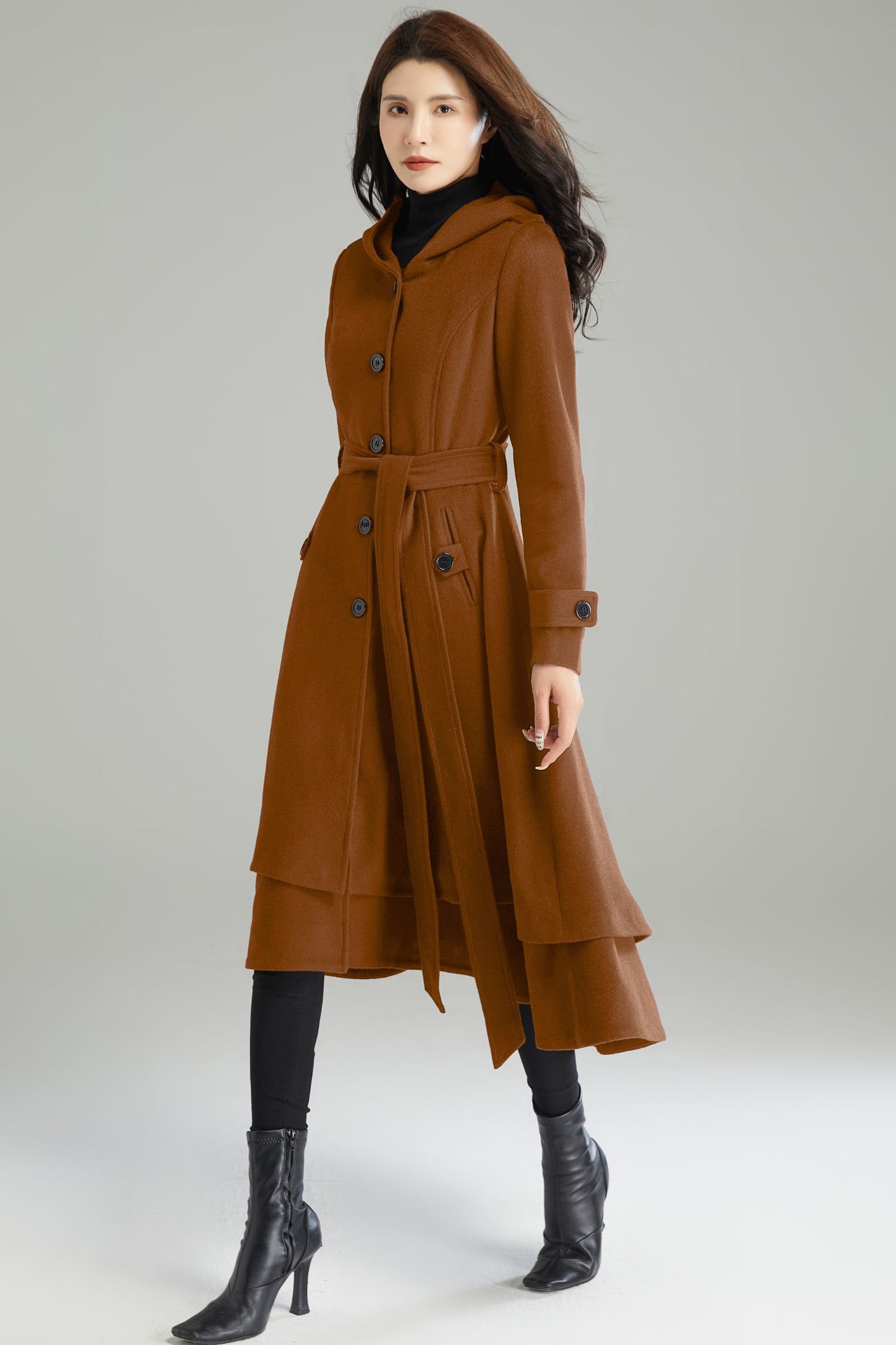 Dark Brown Hooded Wool Coat C4523