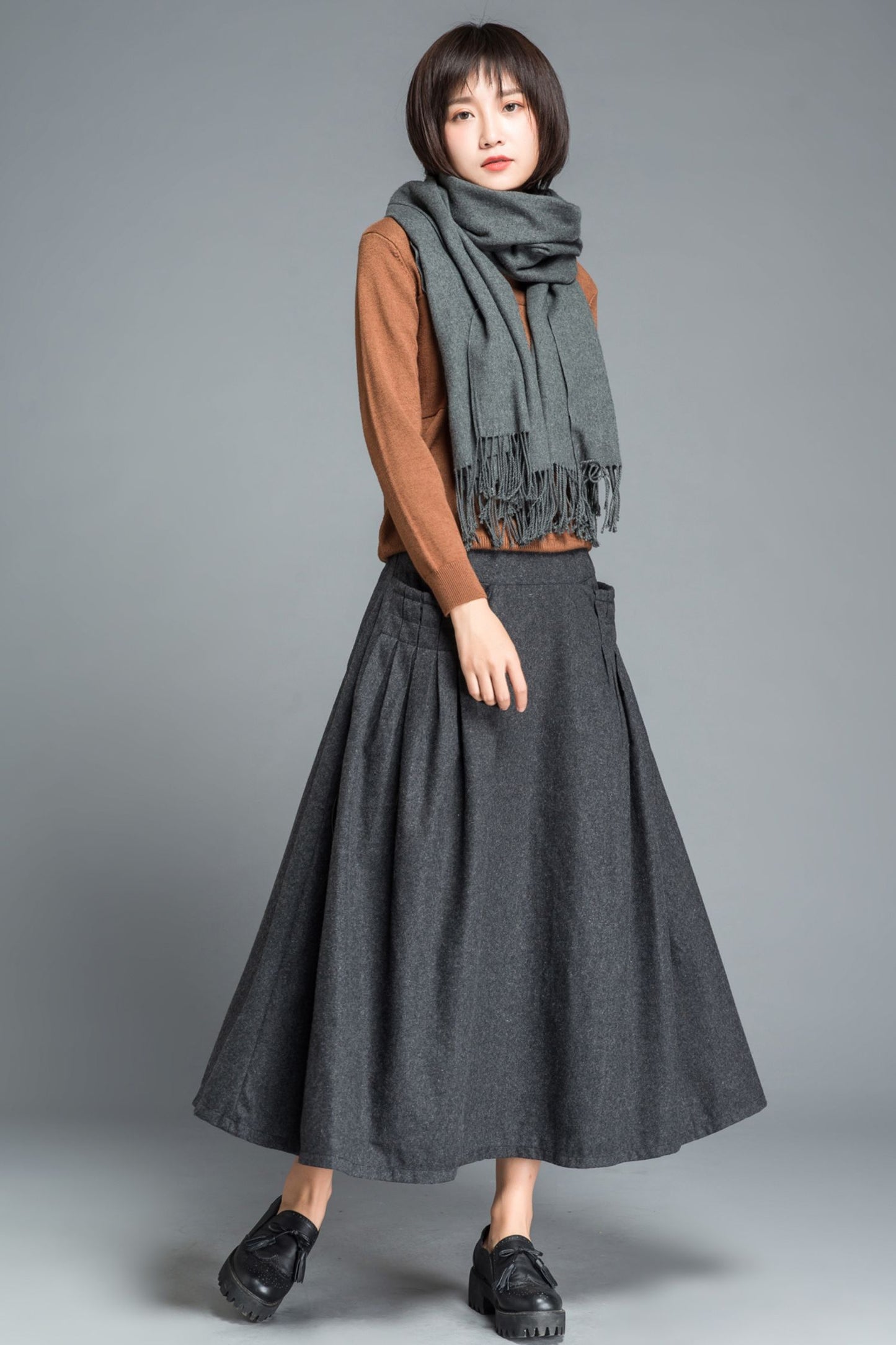 Winter gray wool maxi skirt C1204