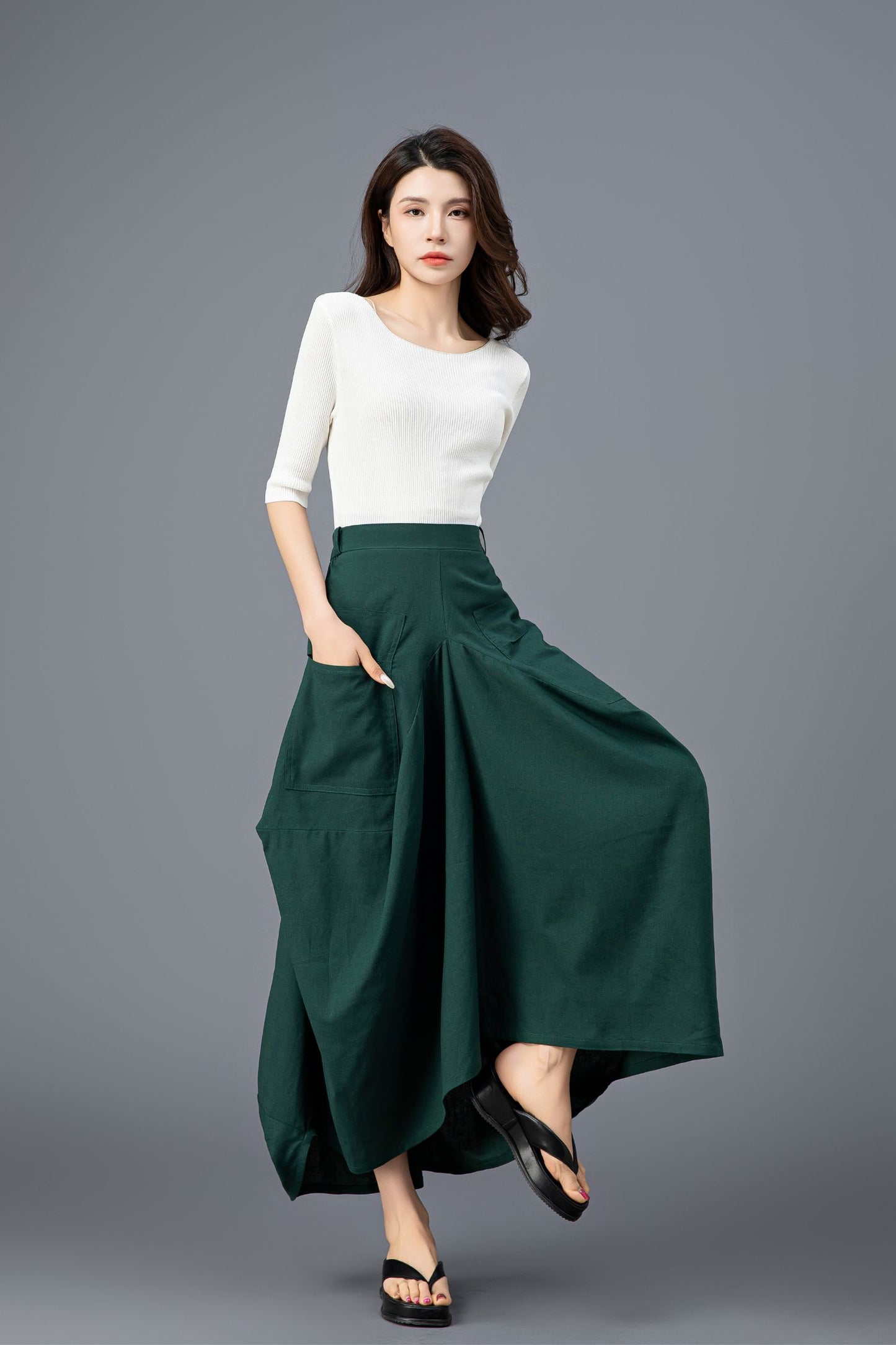 Women's Green Asymmetrical Casual Linen Skirt C3919