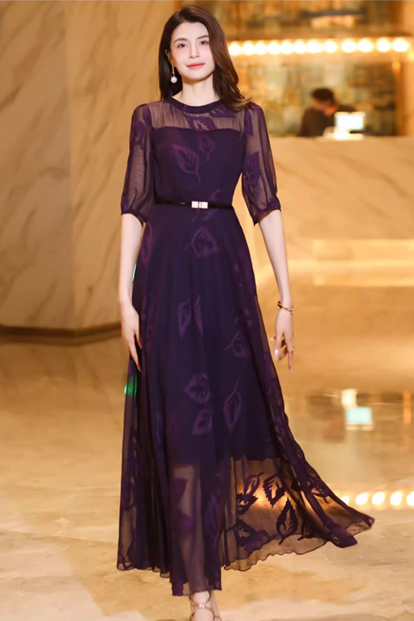 Purple prom long chiffon dress women C4931
