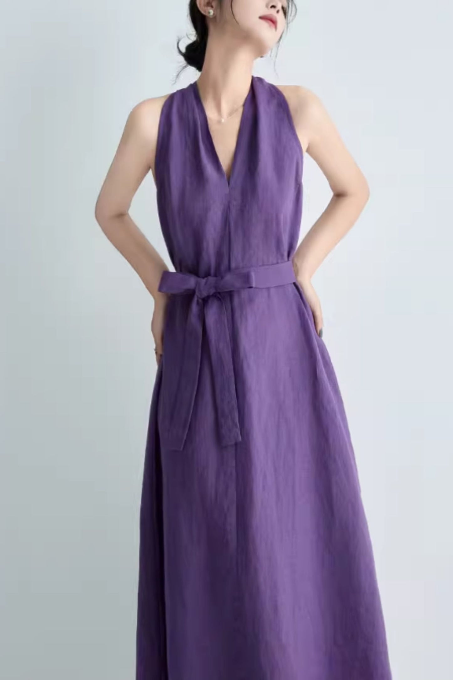 Purple loose fitting summer linen dress C5064