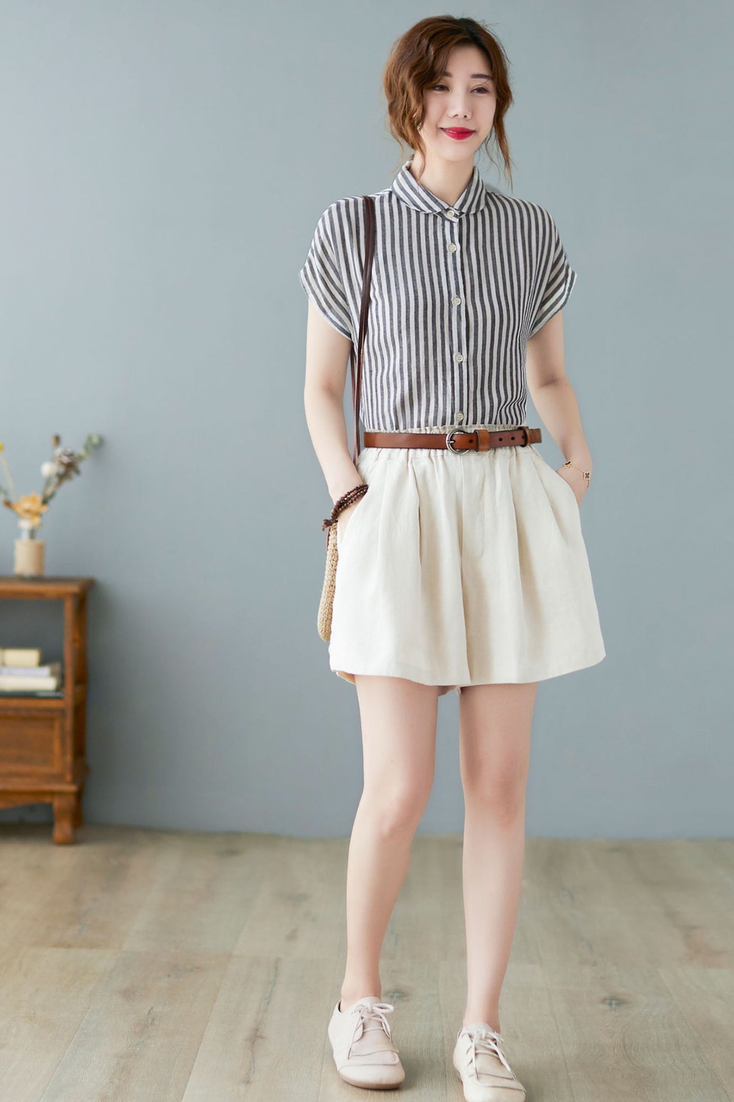 Women's Striped Button Up Short Sleeve Shirts C2366