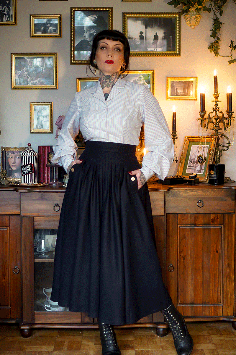 Navy Blue Midi Pleated Wool Skirt Women C3785