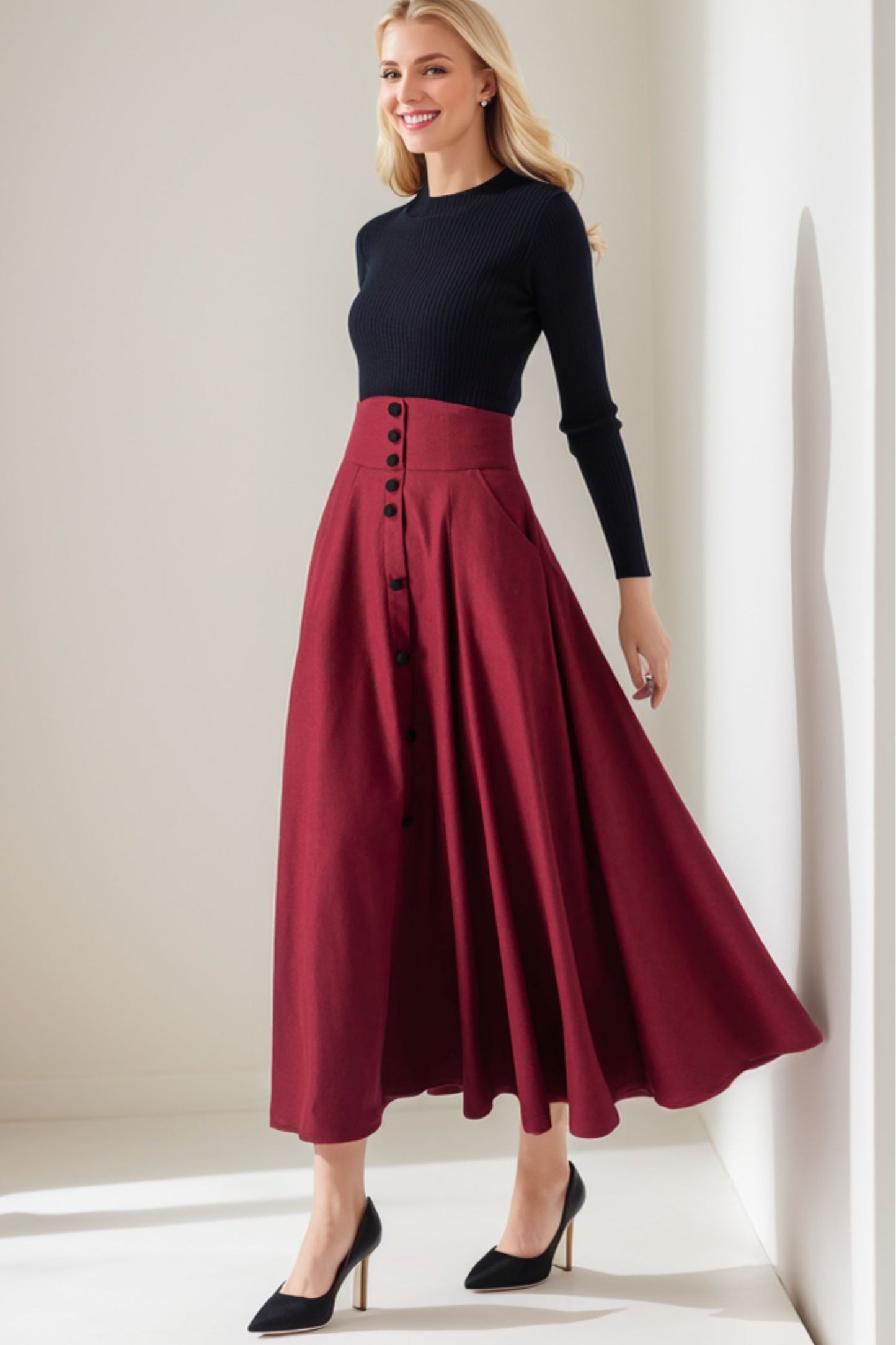 Wool Maxi A Line High Waisted Skirt C4259