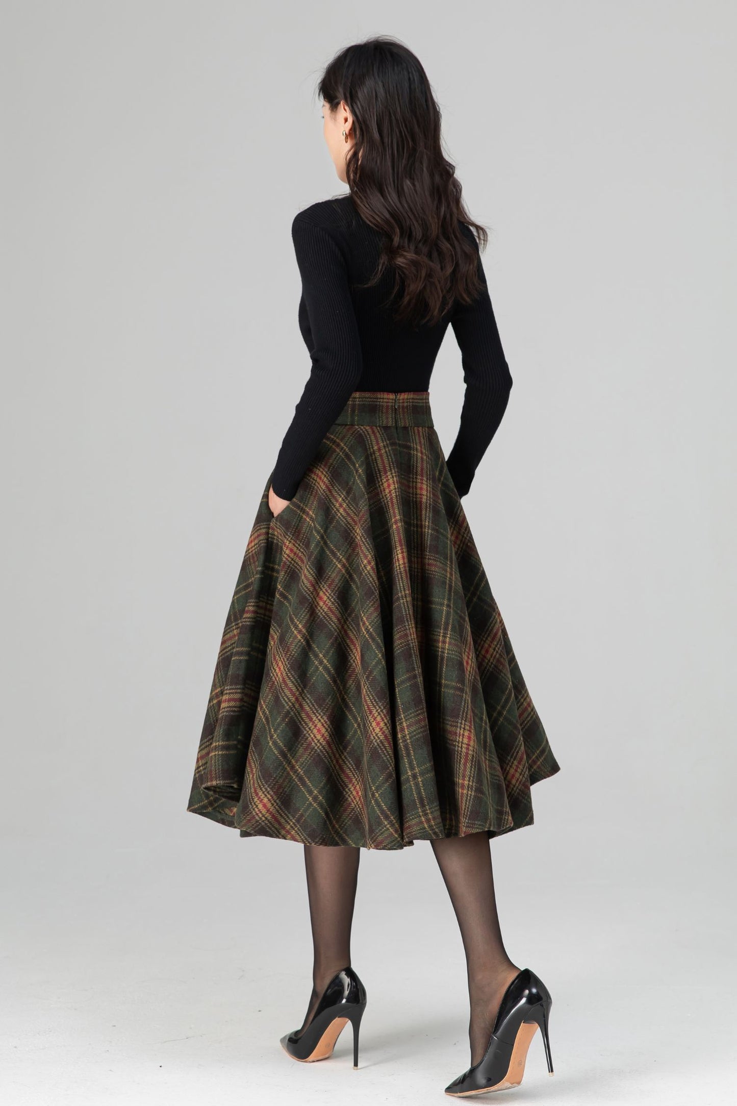 Swing Retro Tartan Midi Plaid Wool Skirt C5197