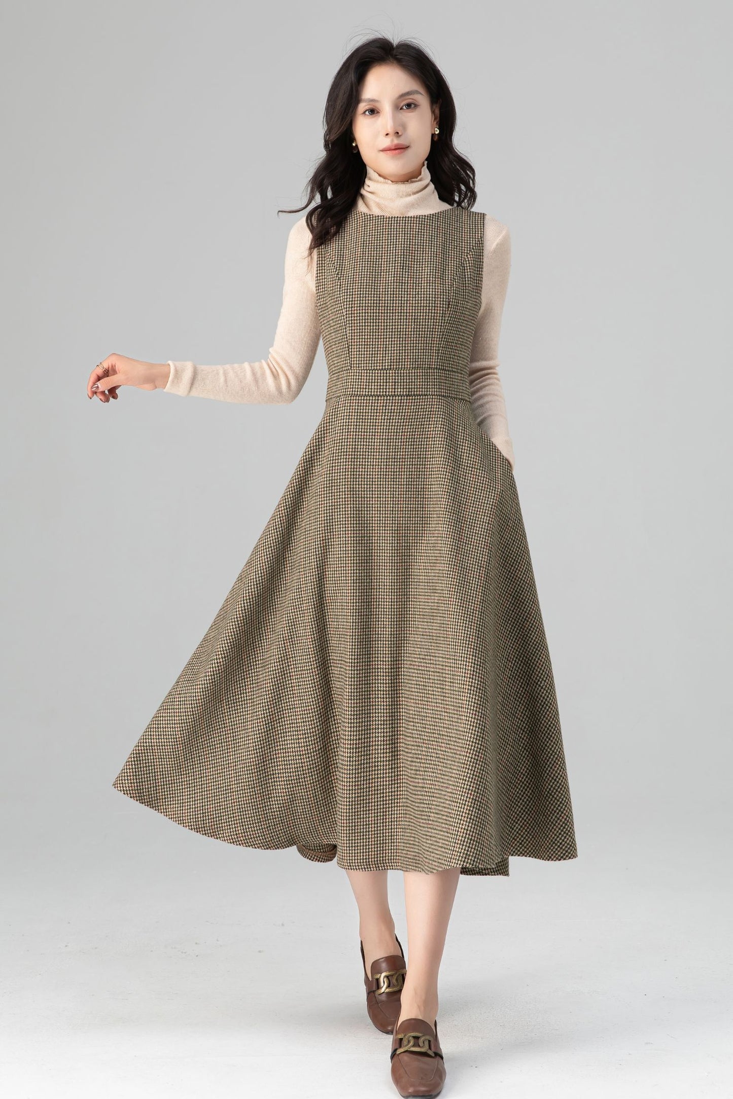 Autumn-Winter Plaid Sleeveless Midi Wool Dress C5206