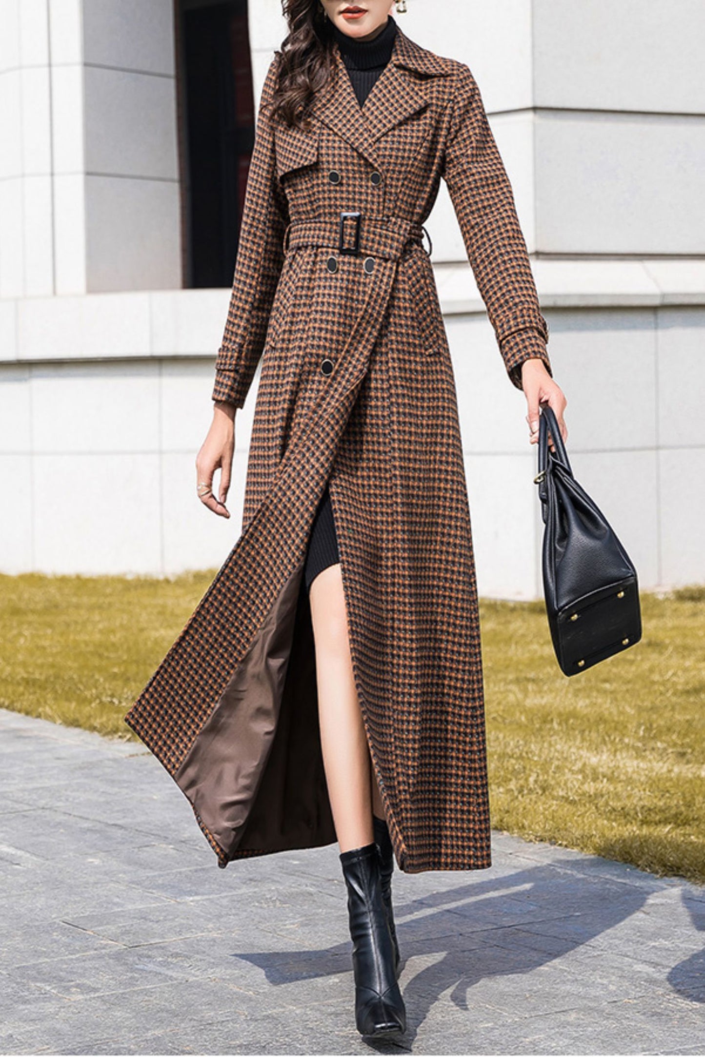 Women's Autumn and winter coffee plaid coat C4212