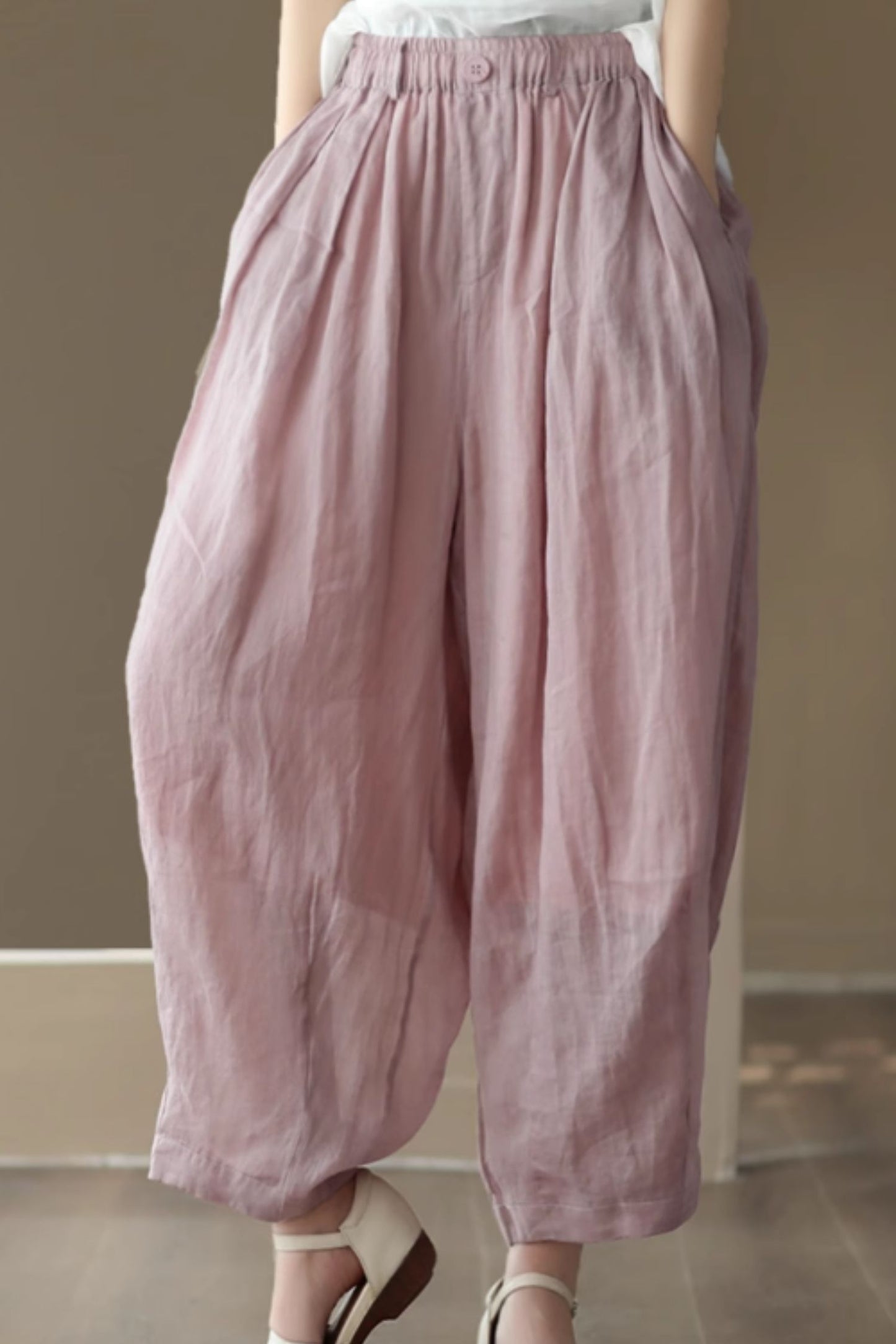 Elastic waist loose fitting linen pants C4433
