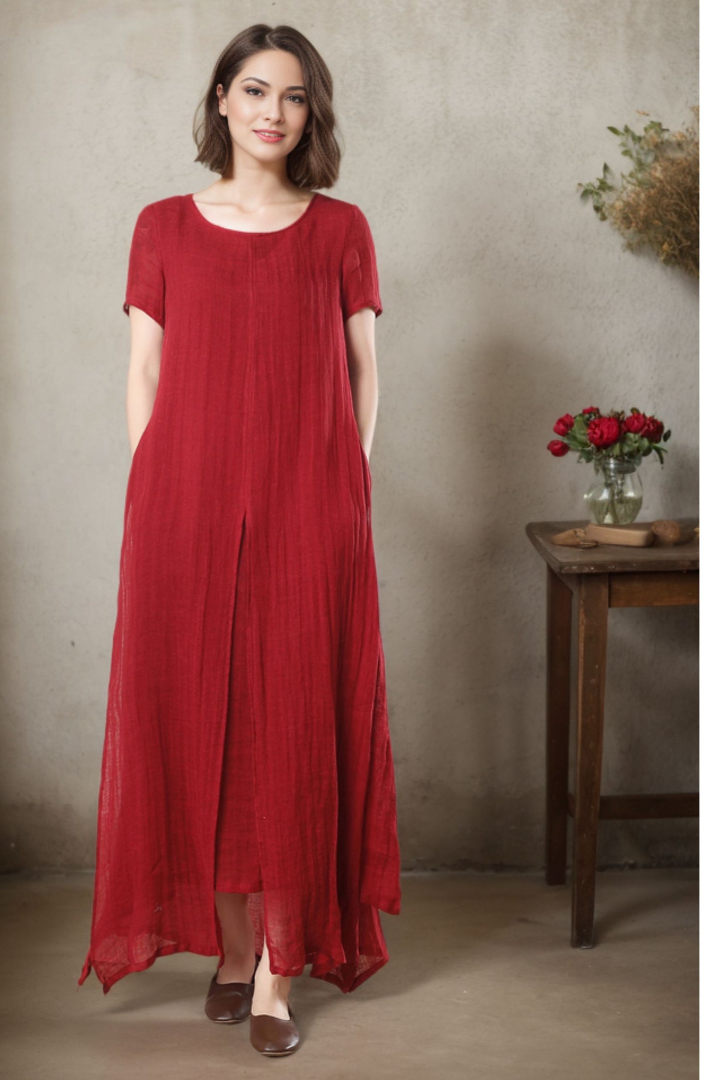 Maxi summer loose fit Linen dress for women c4776