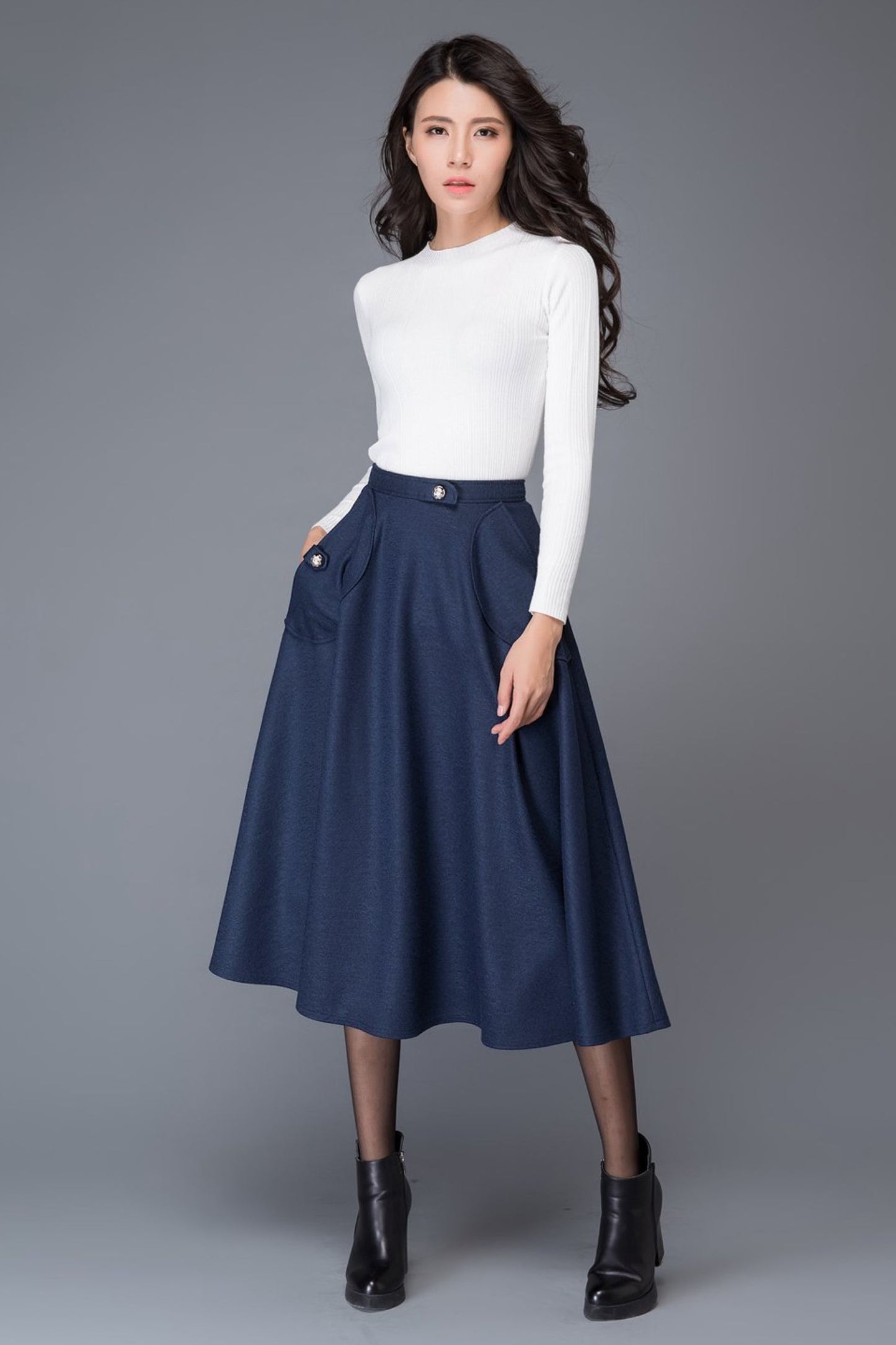 High waist blue midi winter wool skirt C1007
