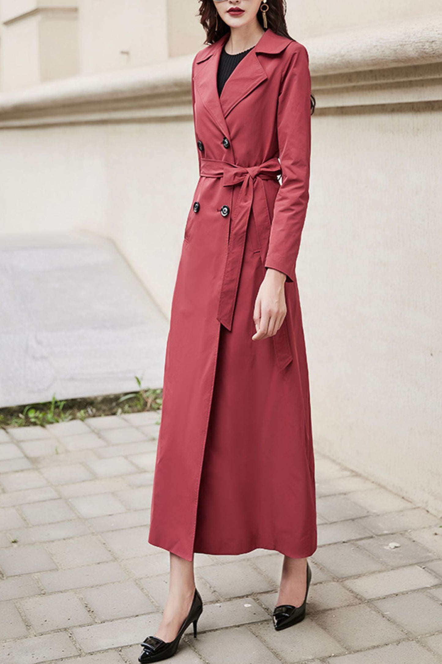 Burgundy women spring and autumn trench coat C4201