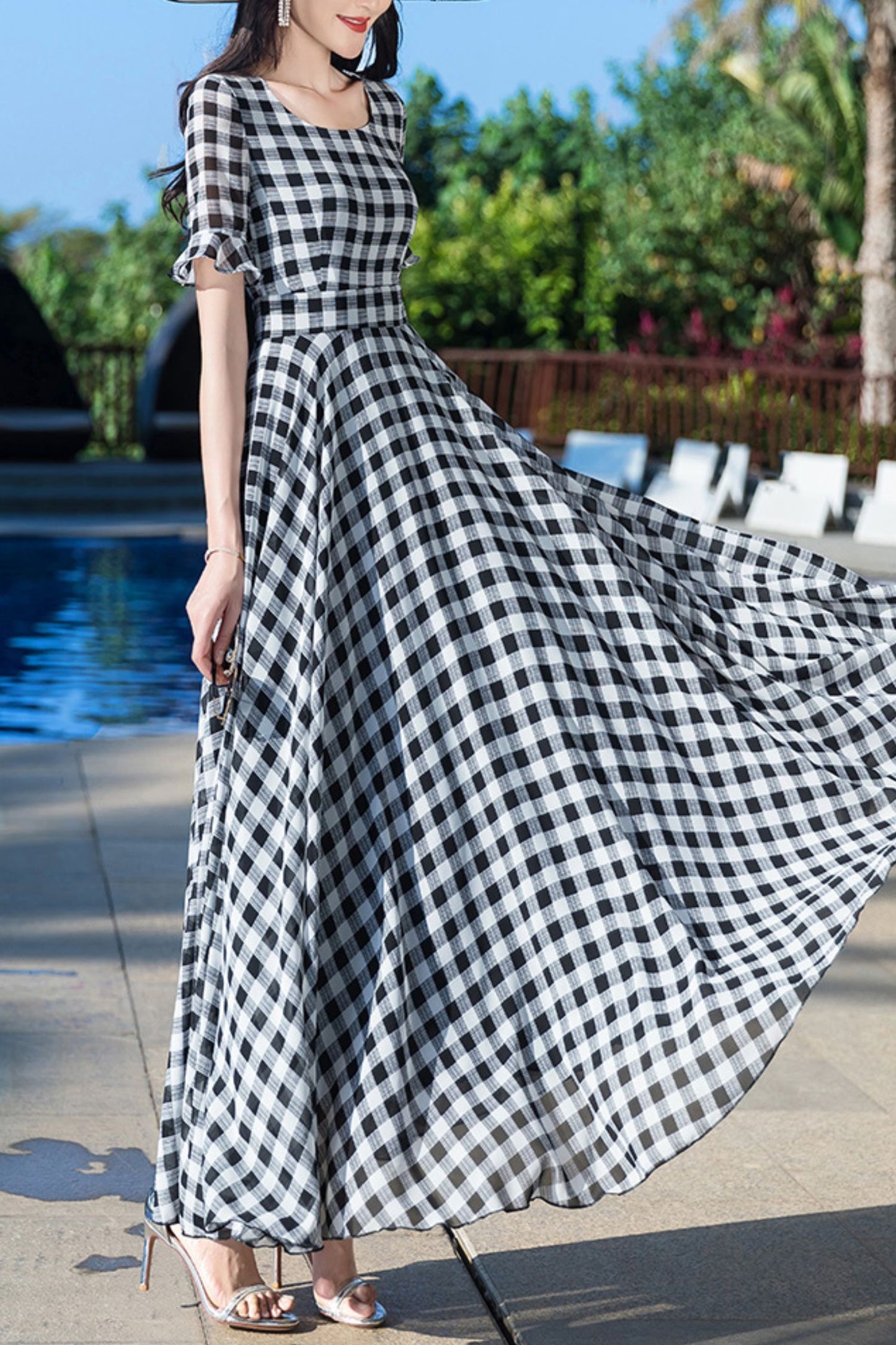Summer New Plaid Printed Chiffon Dress C4049