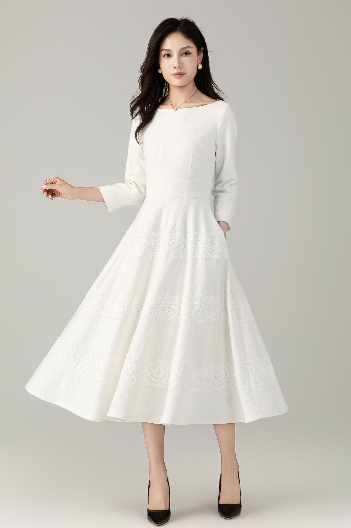 White prom wedding wool dress women C5242
