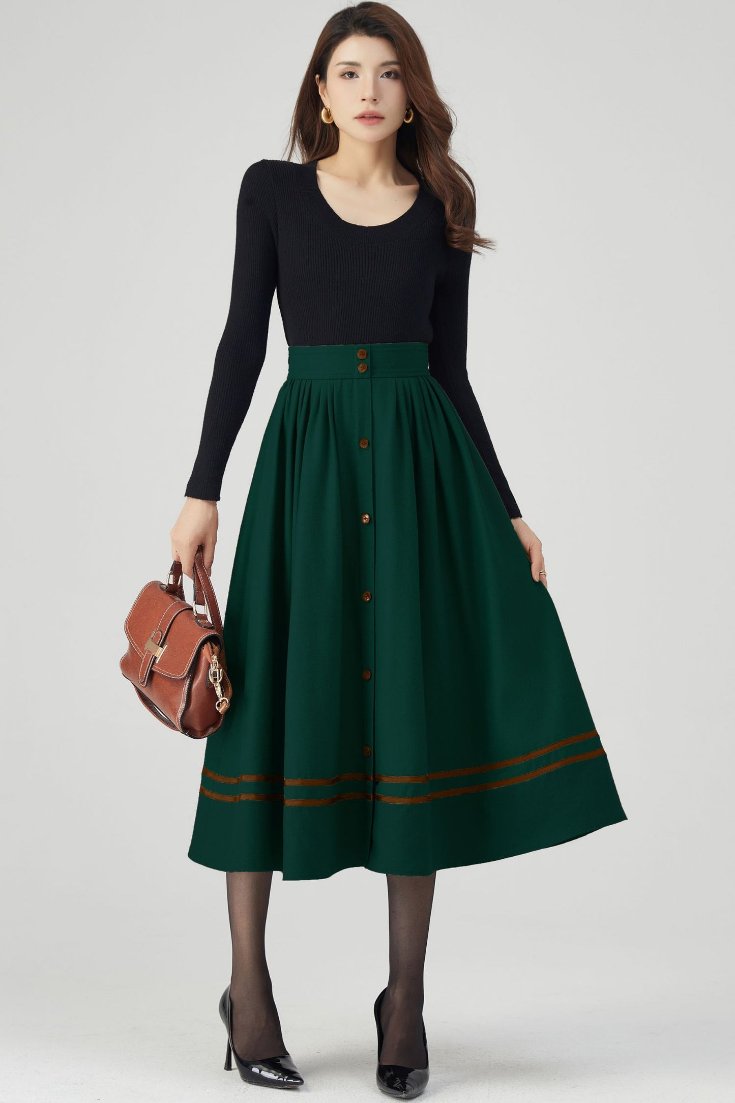 Button Front Swing Green Wool Skirt C4513