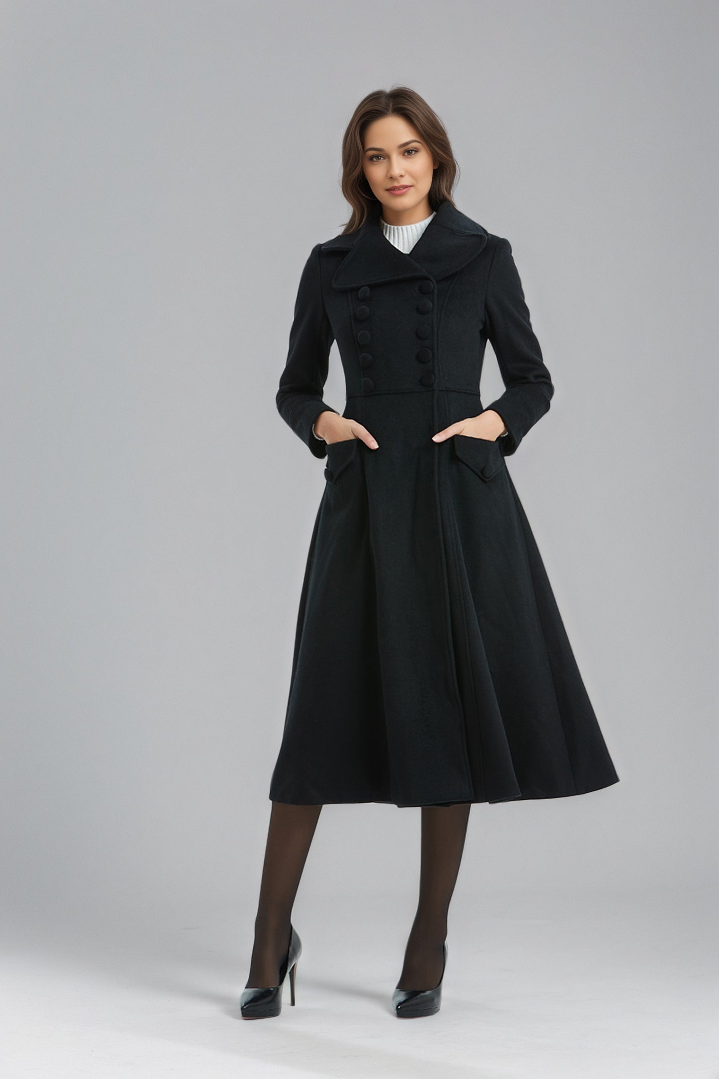 Vintage Black Midi Wool Coat for Winter-Women C5137