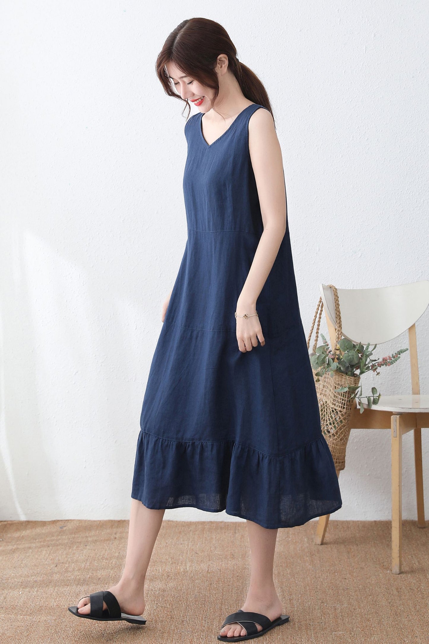 Blue V Neck Sleeveless Dress for Women C2331