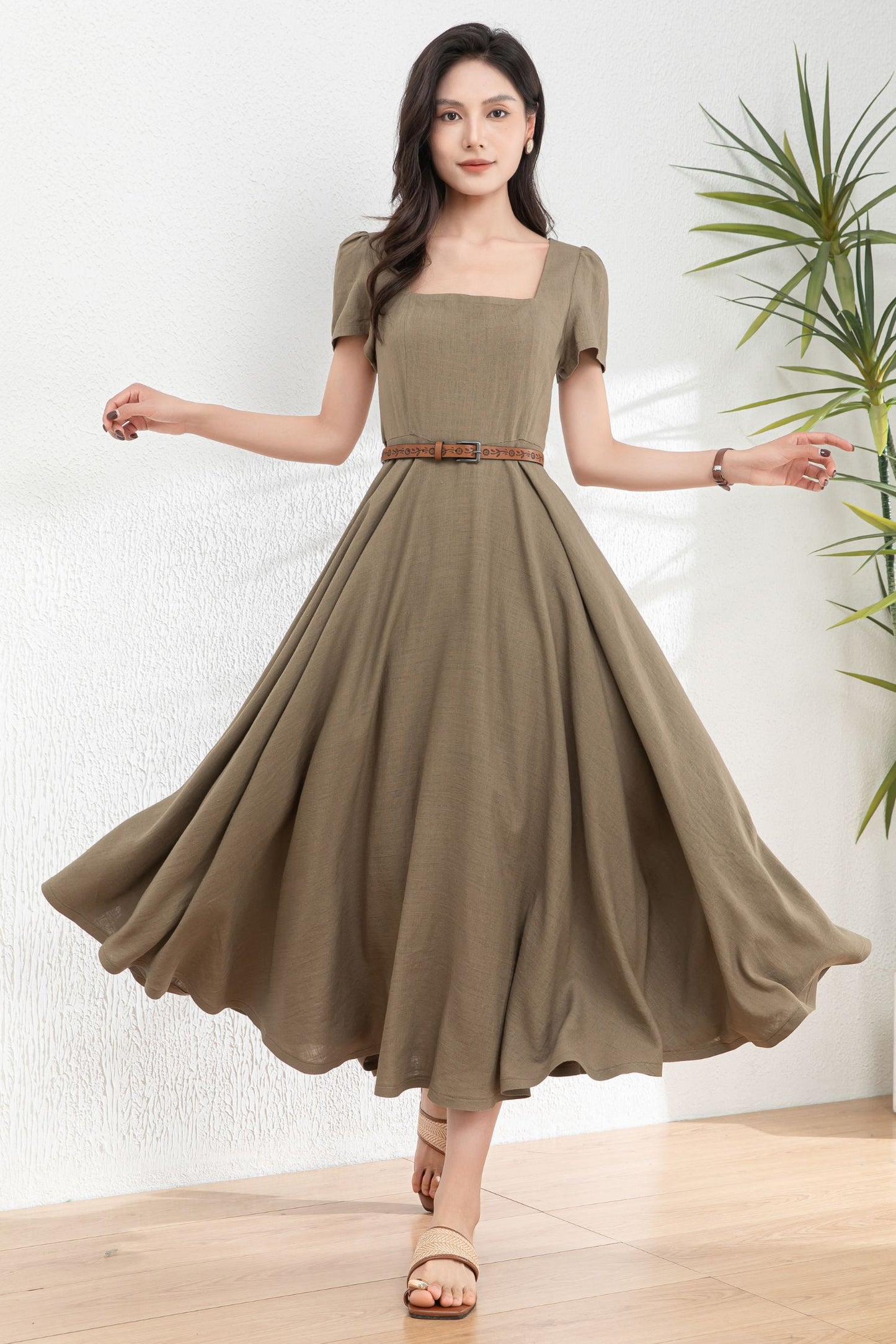 Womens Summer Green Linen Dress c4985