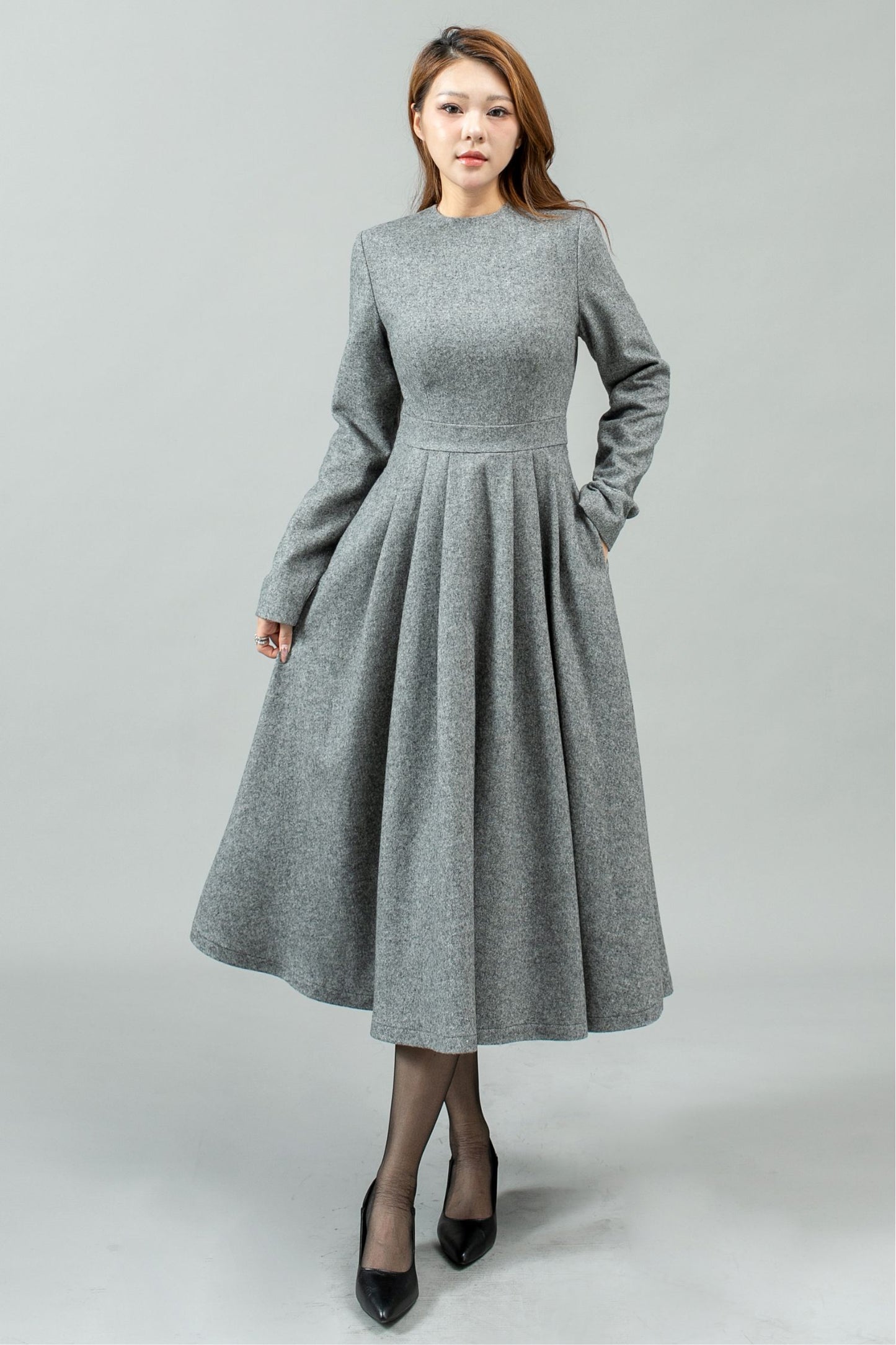 Women Swing Long Winter Wool Dress C4442