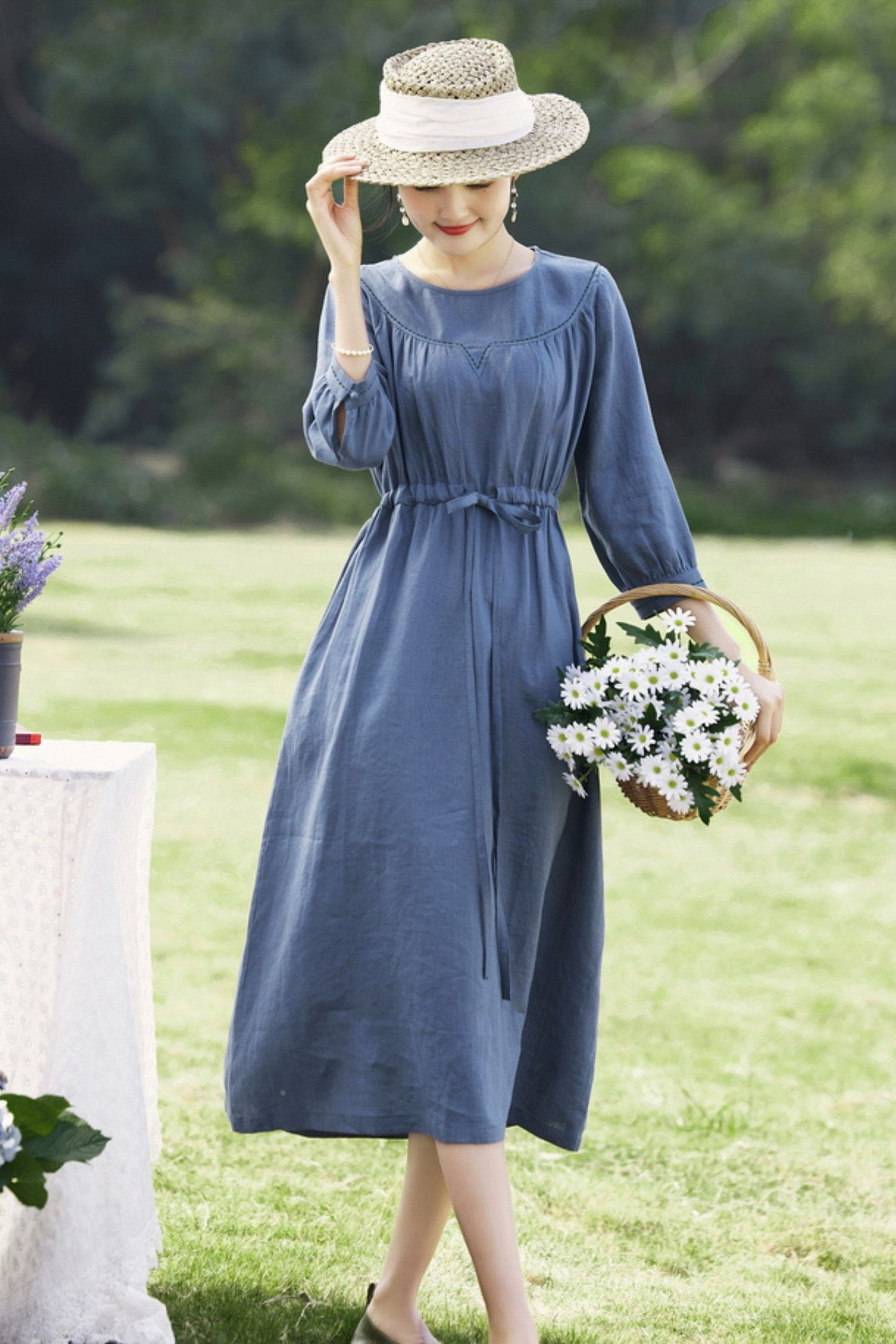 Haze Blue Round Neck Linen Dress C3890