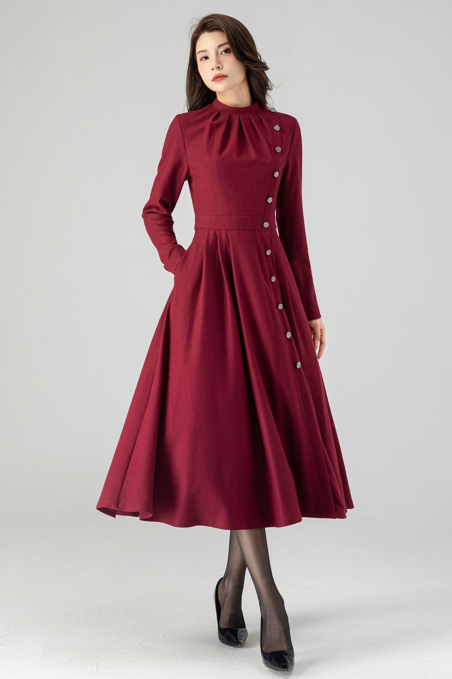 Autumn Midi Wool Burgundy Dress C3609-Size XS US2 #CK2301031