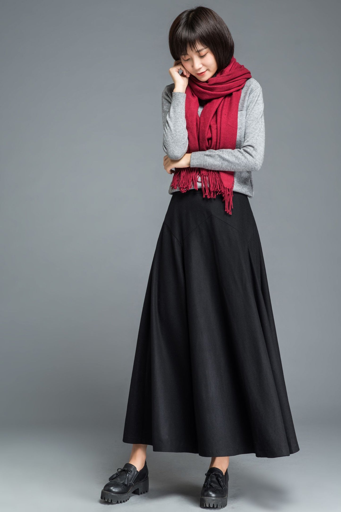 Maxi black winter long wool skirt women C1209