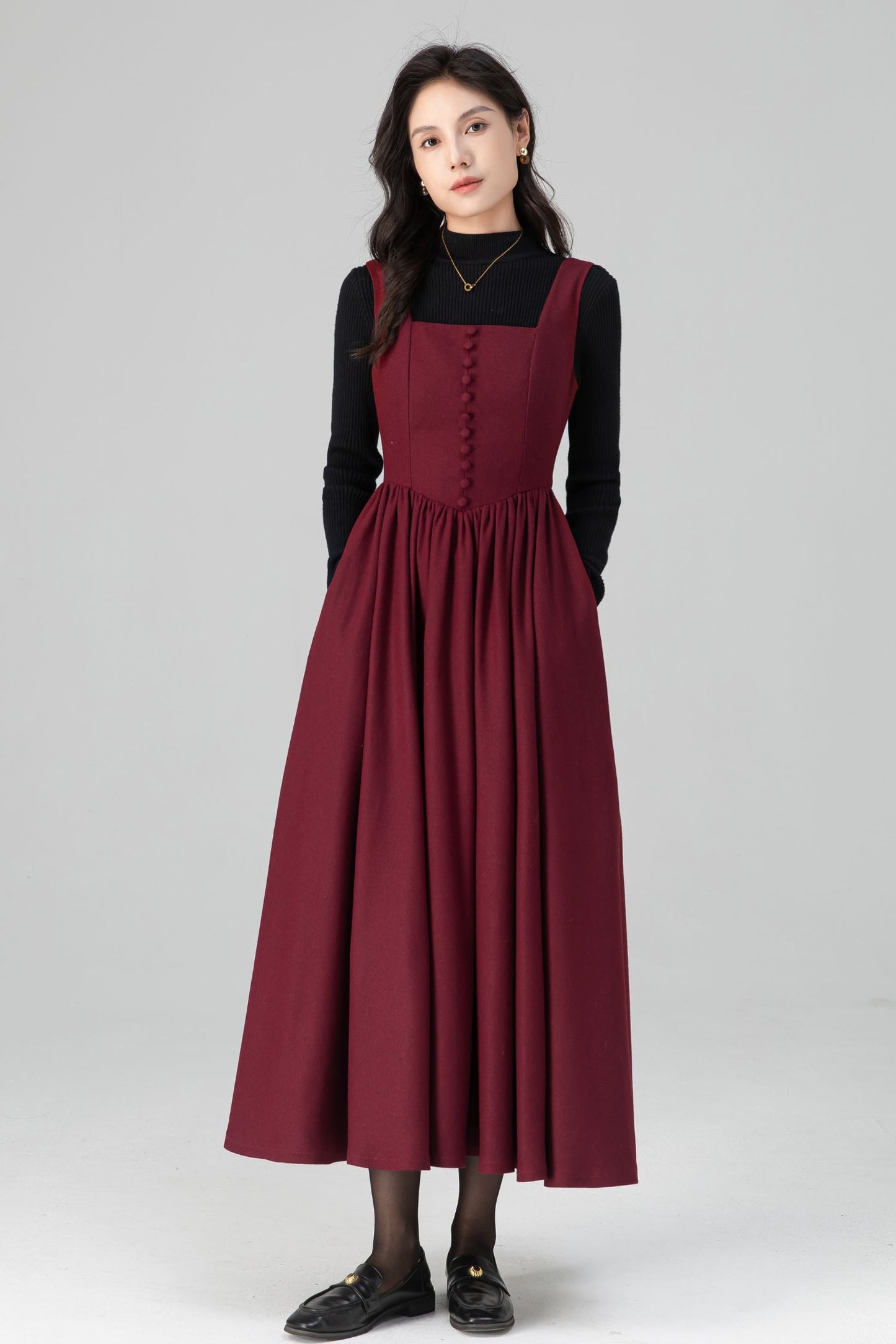Square Neck Maxi Pinafore Wool Dress for Women C5201