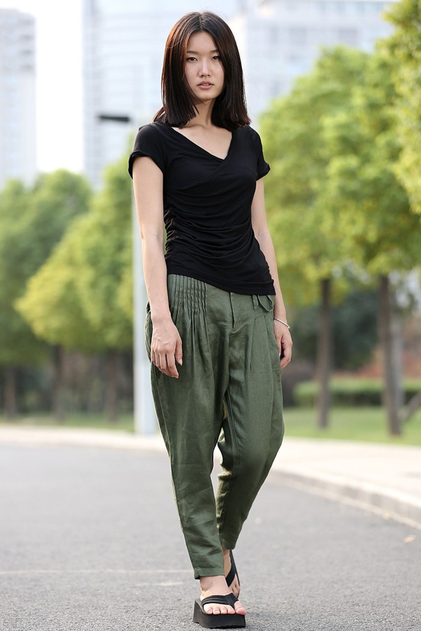 Top quality linen Harem green linen pant C272