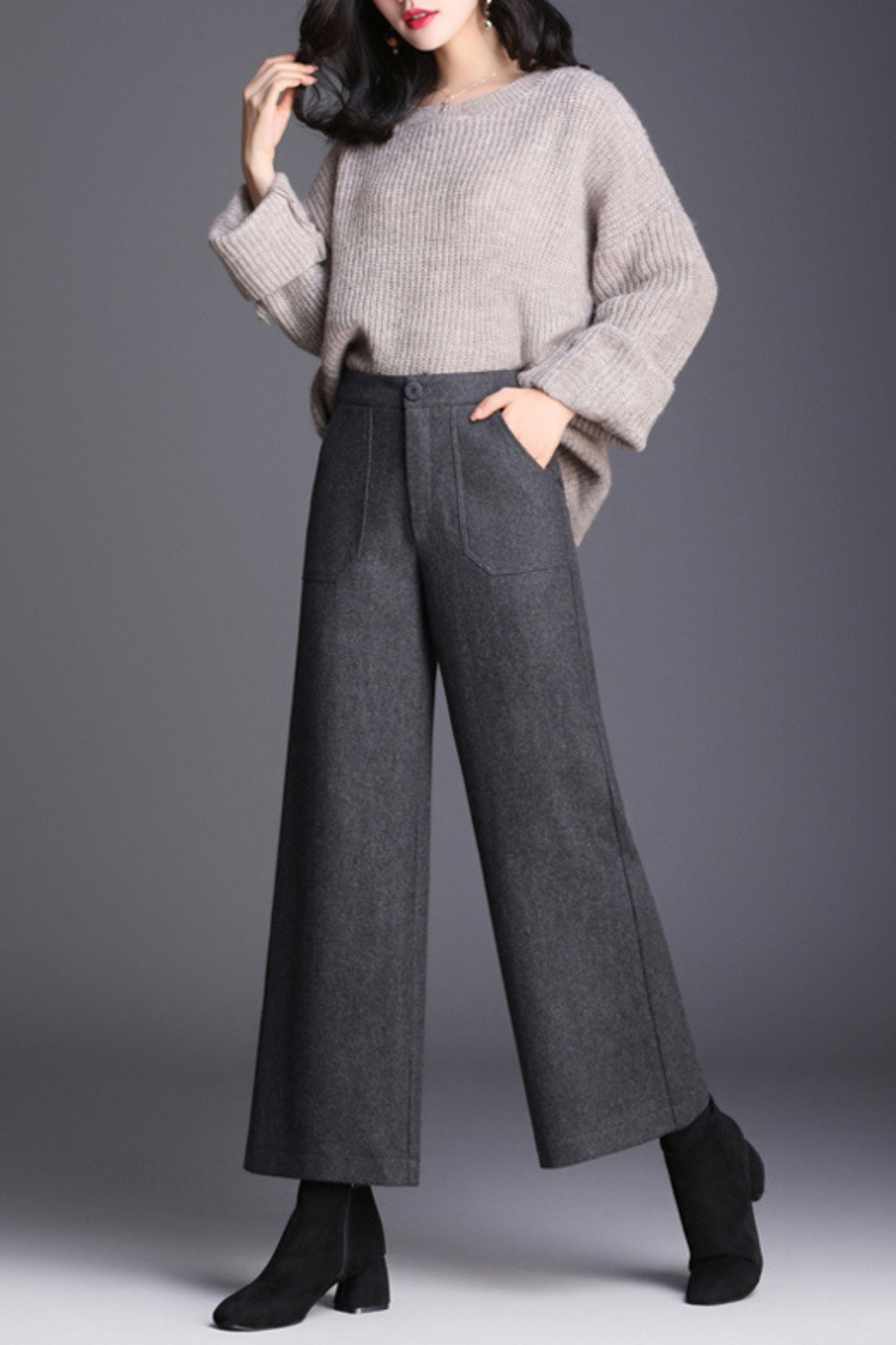 Midi wide leg wool pants women c5080