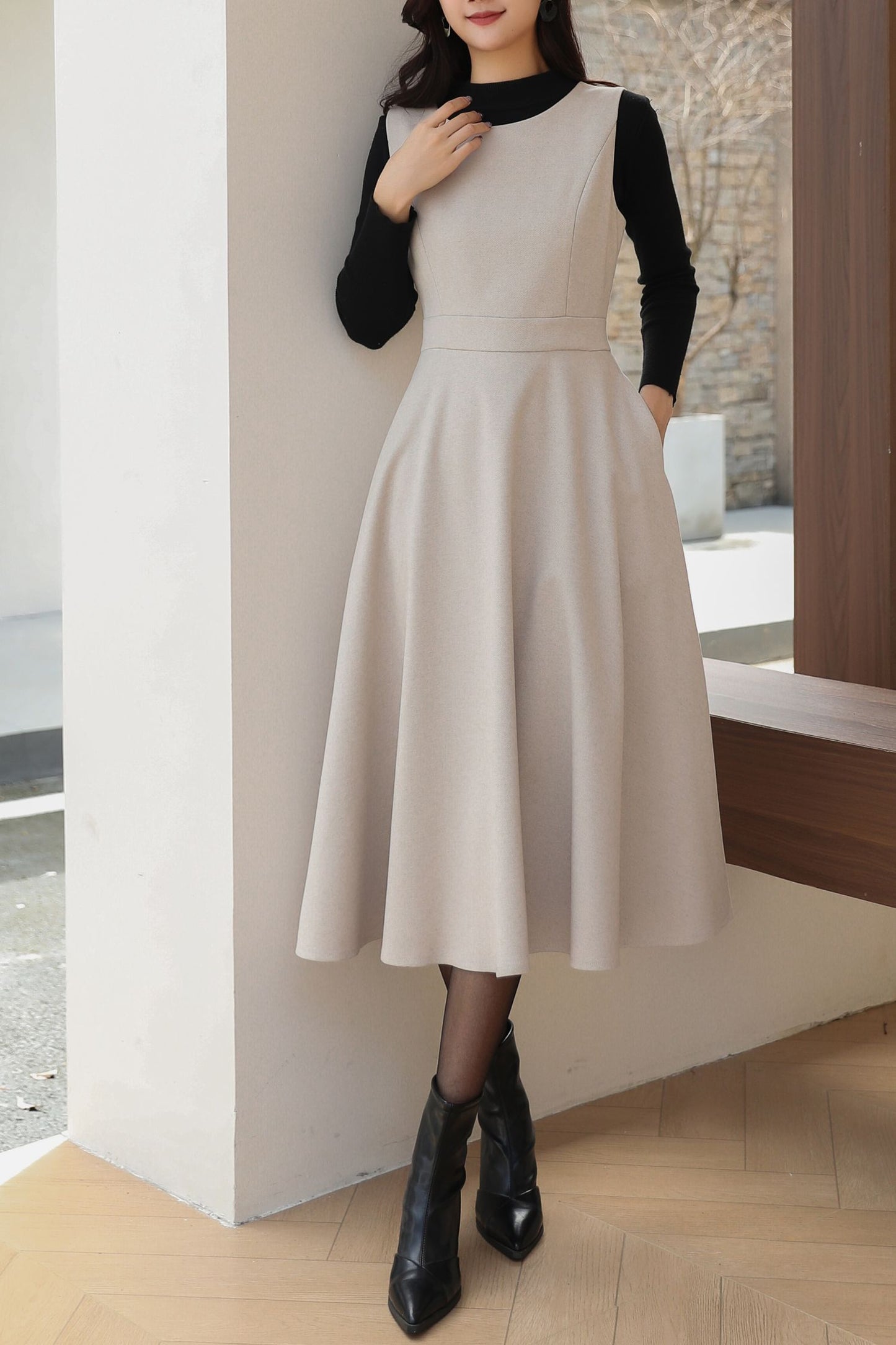 Sleeveless A-Line Midi Wool Dress C5193