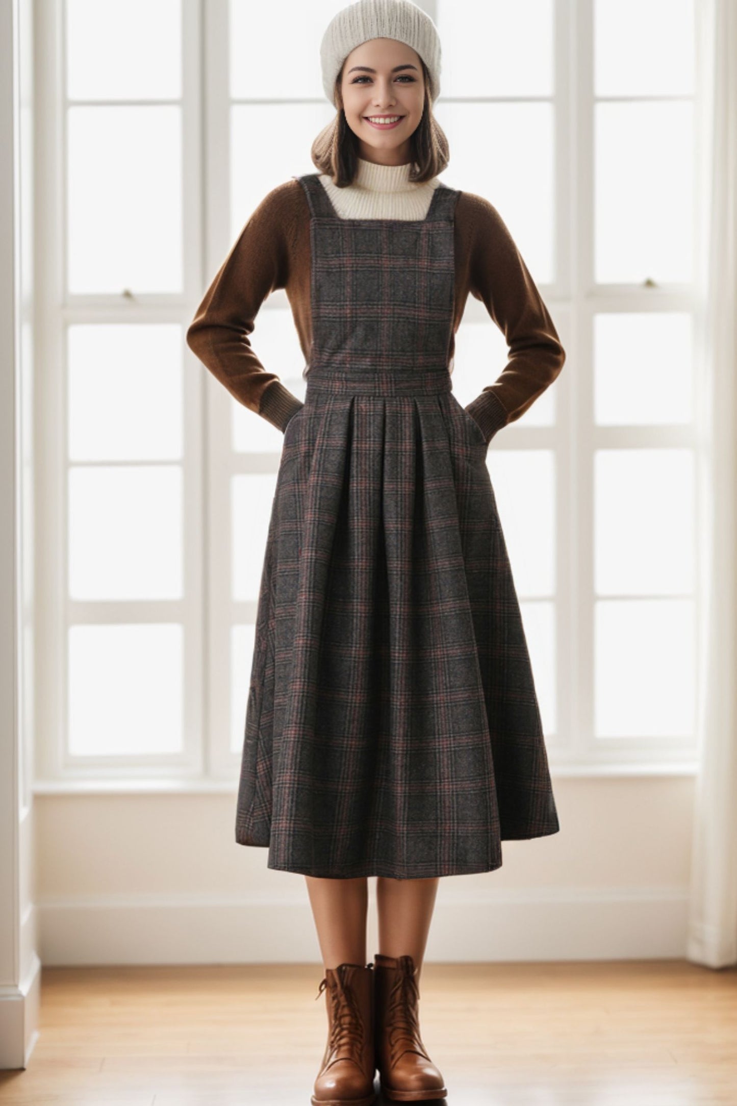 Plaid Wool Pinafore Pleated Winter dress C4271