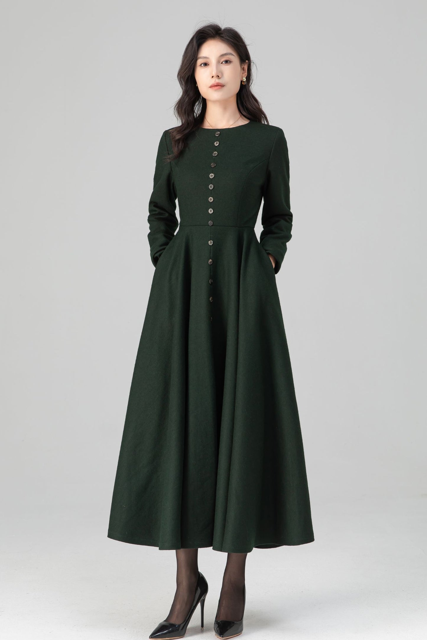 Retro Button Down Dark Green Midi Maxi Wool Dress C5202