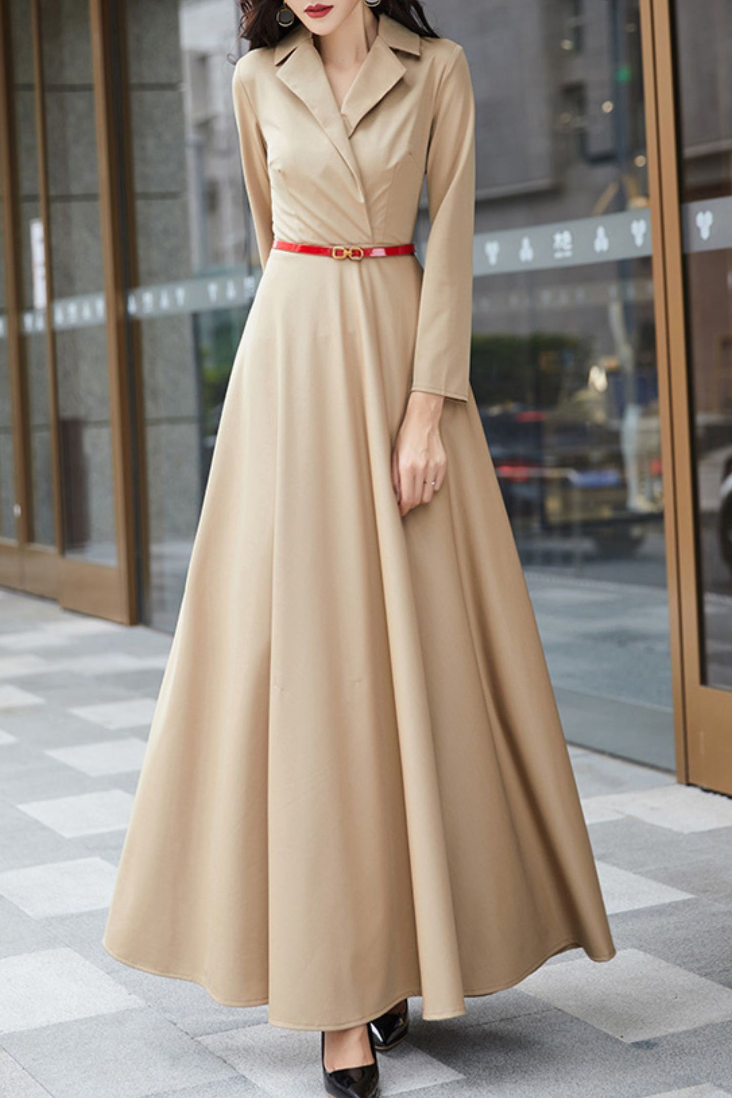Khaki long-sleeved suit collar long dress C4179